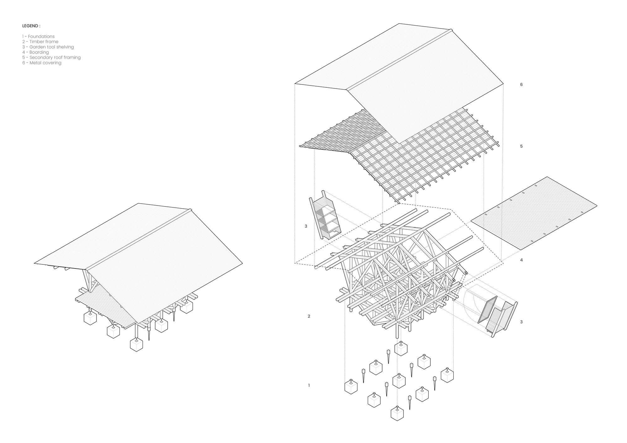 Exploded axonometric drawing showing roof assembly, structural lattice truss, and foundation piers