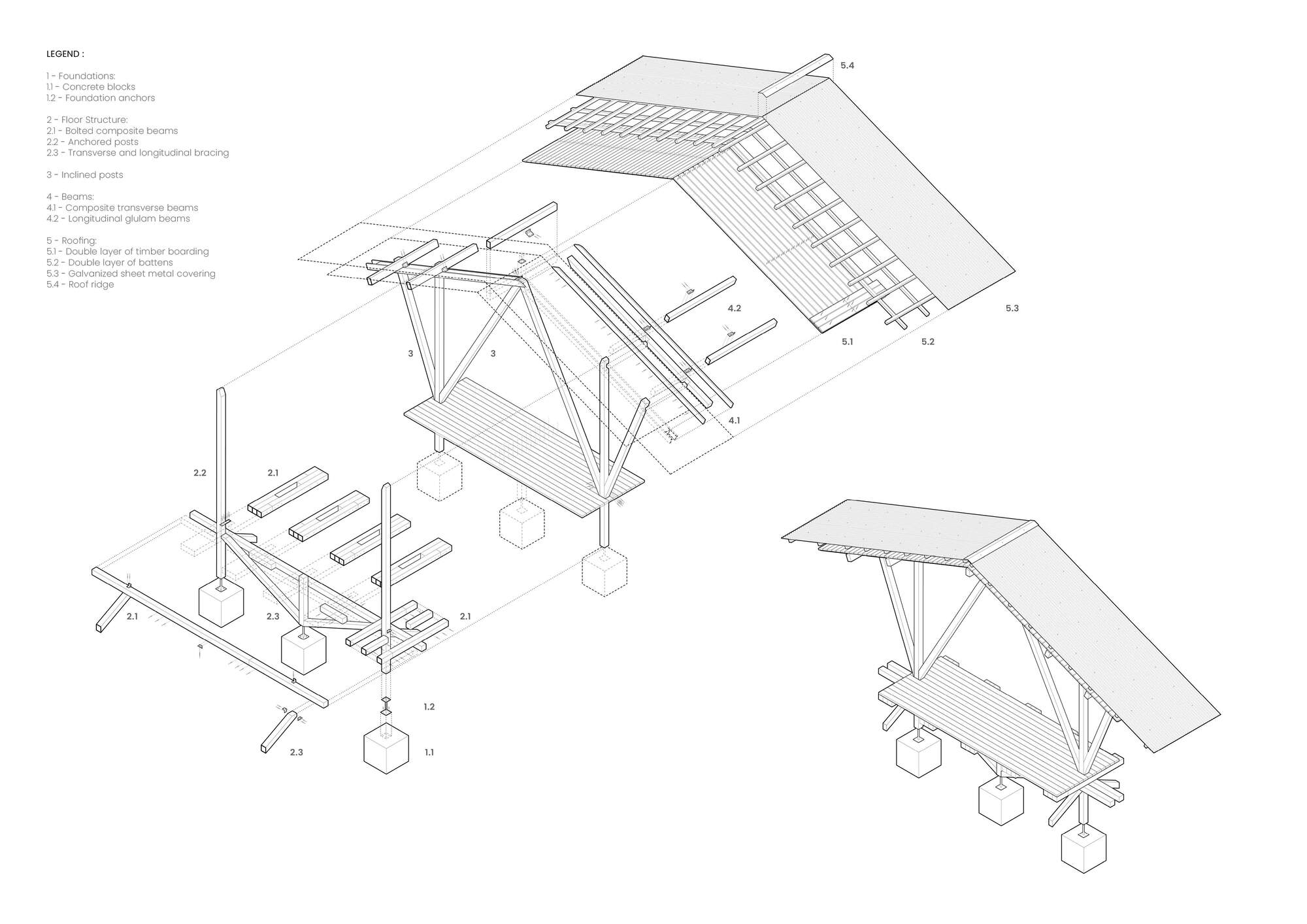 Exploded axonometric drawing illustrating foundation system, structural framing, and layered roof assembly