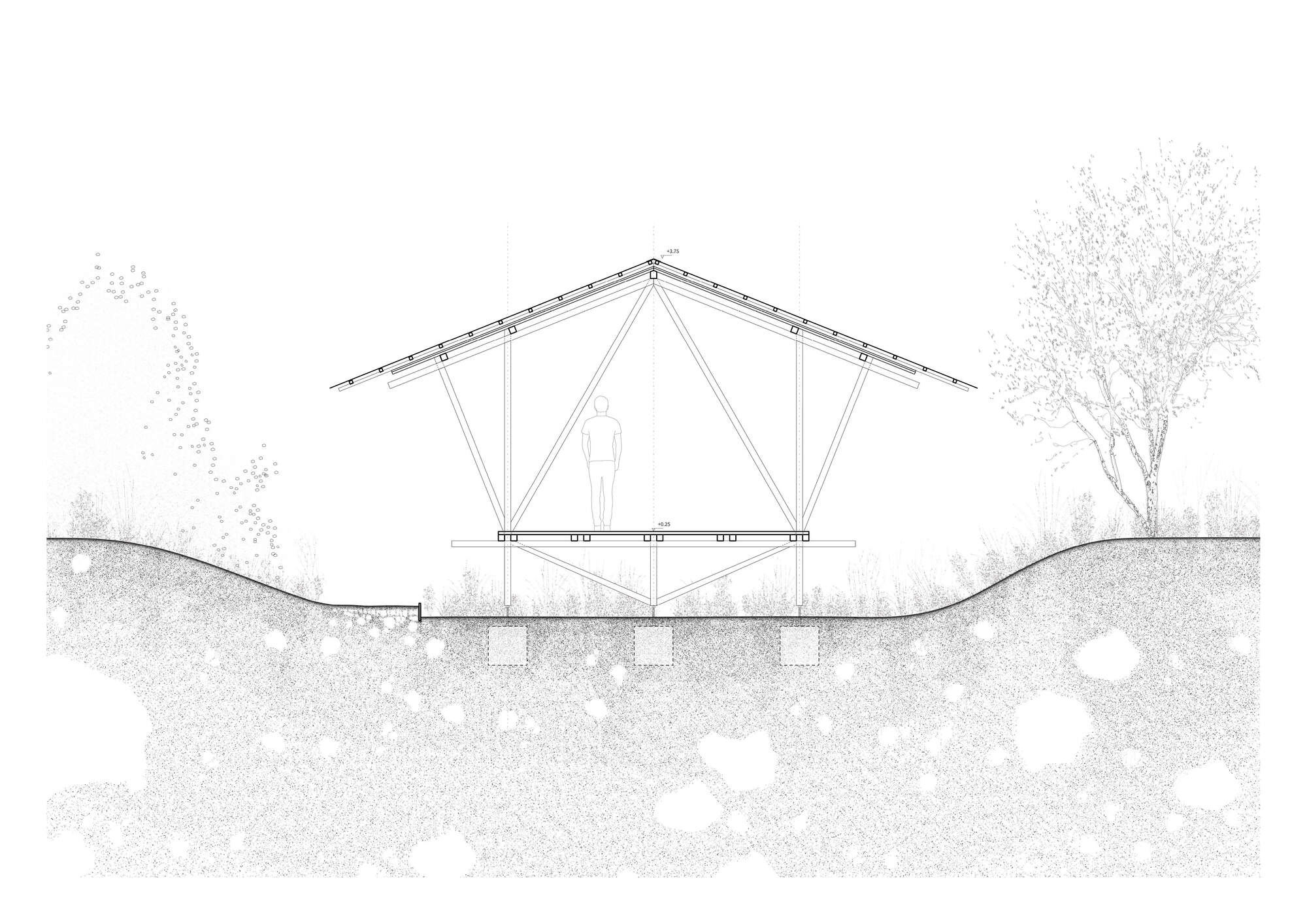 Section drawing showing triangular timber truss spanning between pier foundations in sloping terrain