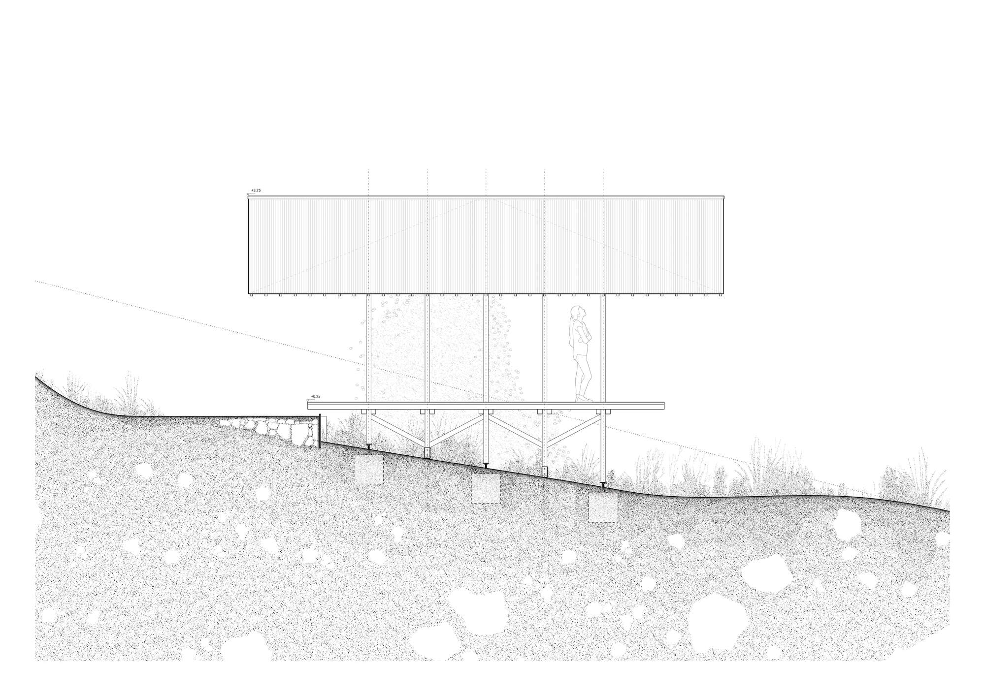 Section drawing showing elevated platform on crossed timber bracing above sloped ground