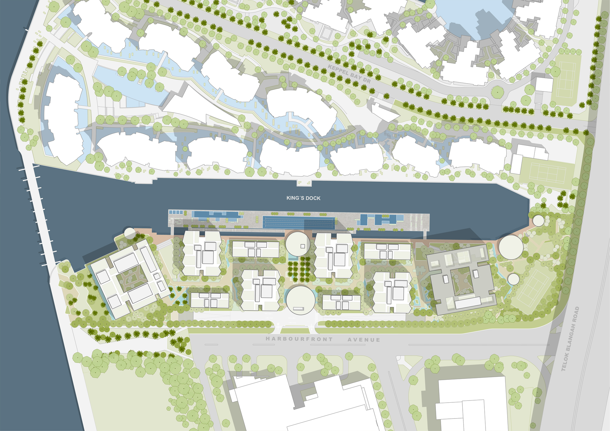 Master plan drawing showing residential blocks arranged along a waterfront with landscaped promenades and tree-lined streets