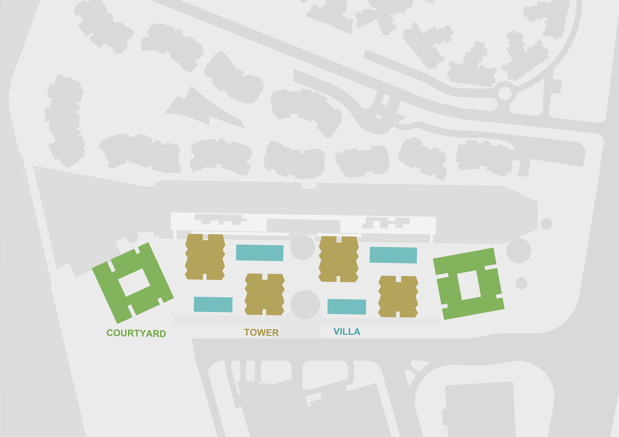 Site plan diagram identifying courtyard buildings, tower blocks, and villa units along the waterfront edge