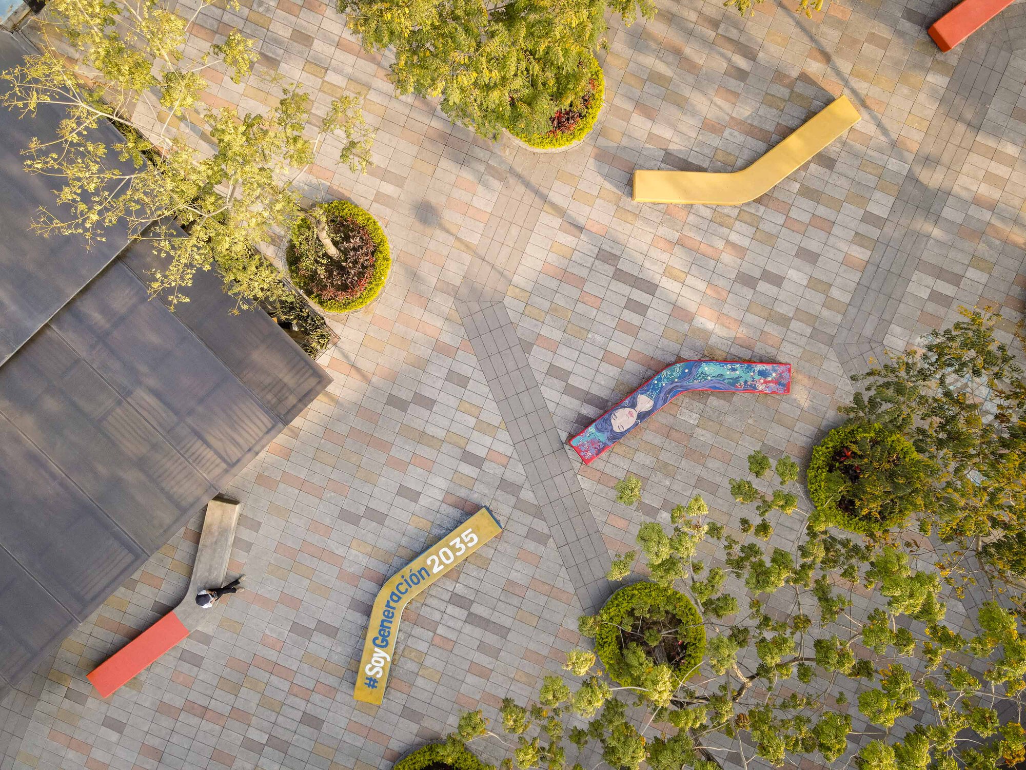 Top-down view of a paved plaza with circular tree planters and curved bench seating in afternoon light