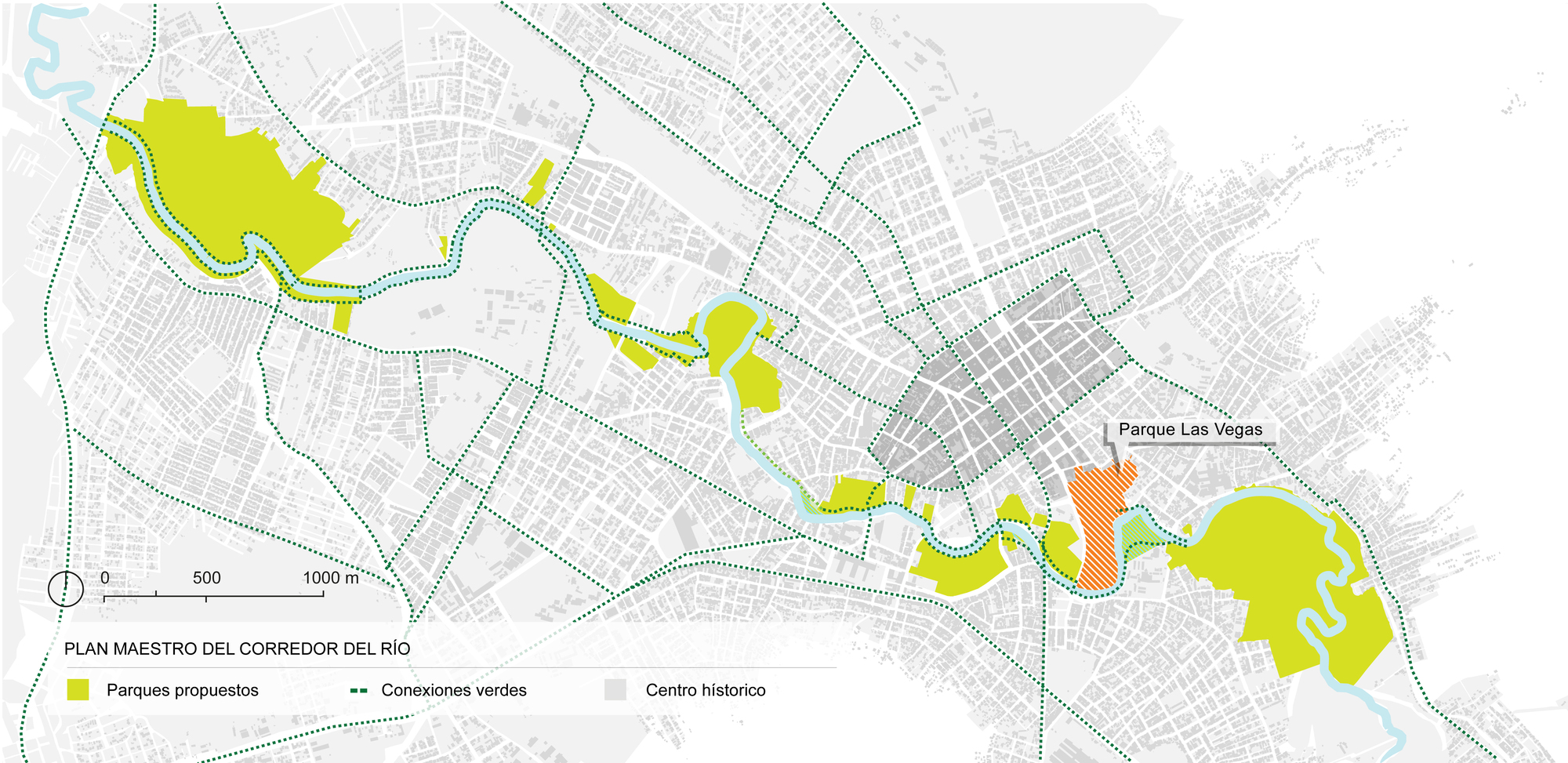 Master plan drawing showing proposed parks and green corridors along a river through an urban fabric