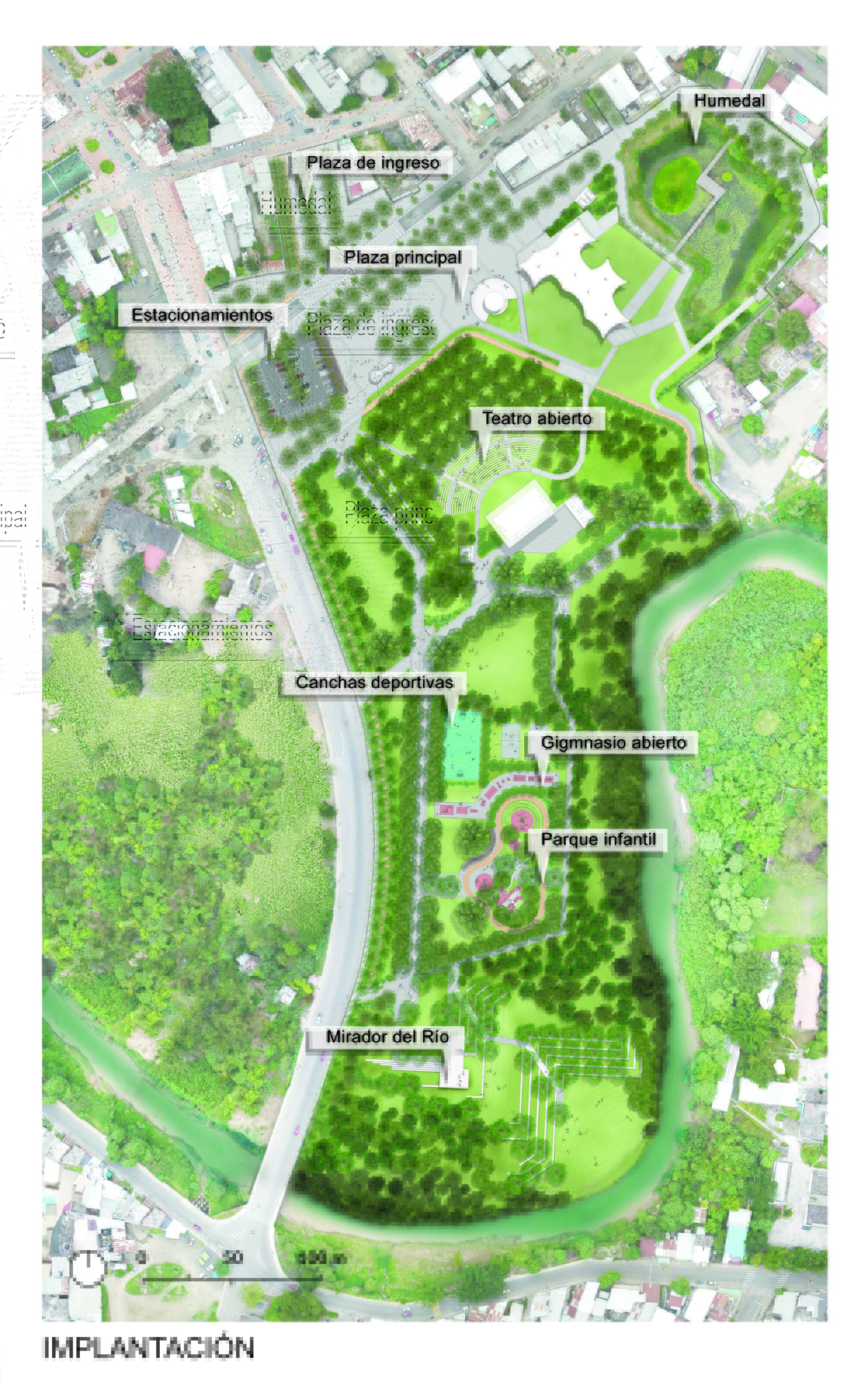 Aerial site plan rendering depicting a landscaped park with plazas, wetlands, sports fields and tree groves