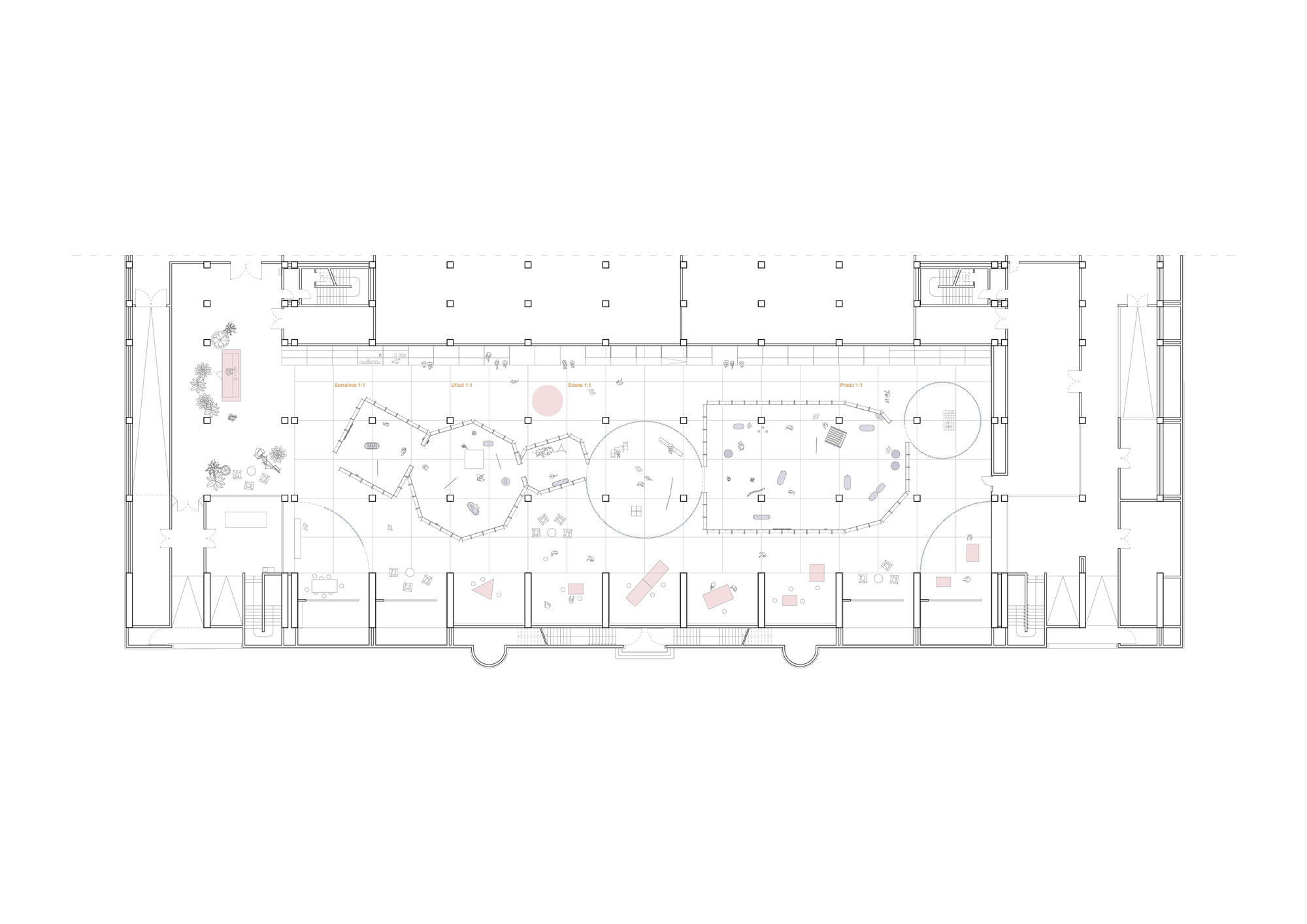 Floor plan drawing revealing curving partitions, circular elements, and rows of columns within a rectangular envelope