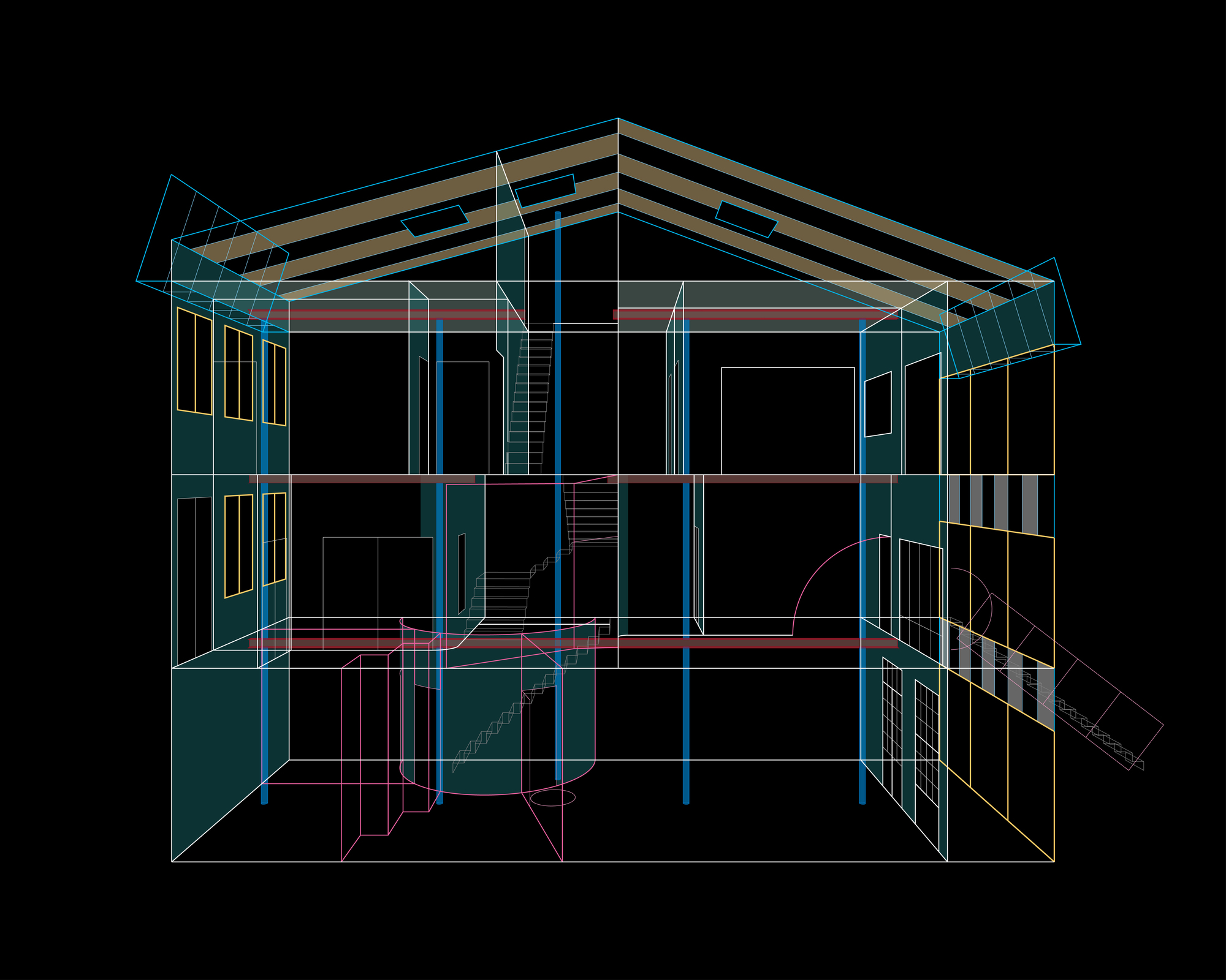 Sectional axonometric drawing revealing three levels with stairs and roof structure in wireframe