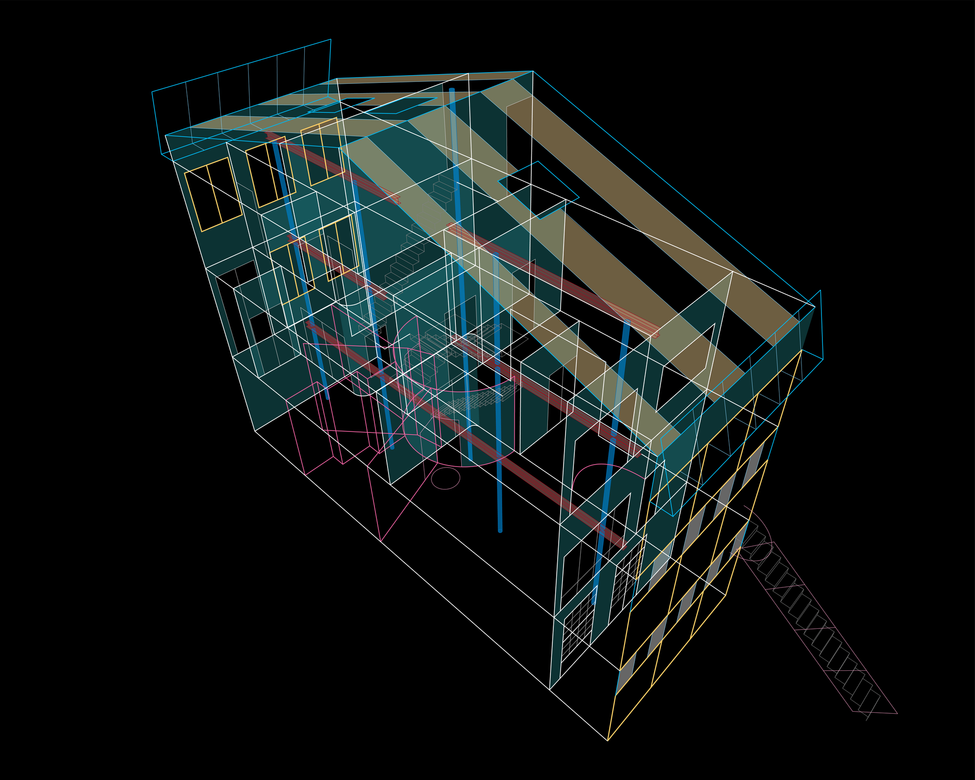 Axonometric drawing showing interior partitions and circulation spaces across multiple floors