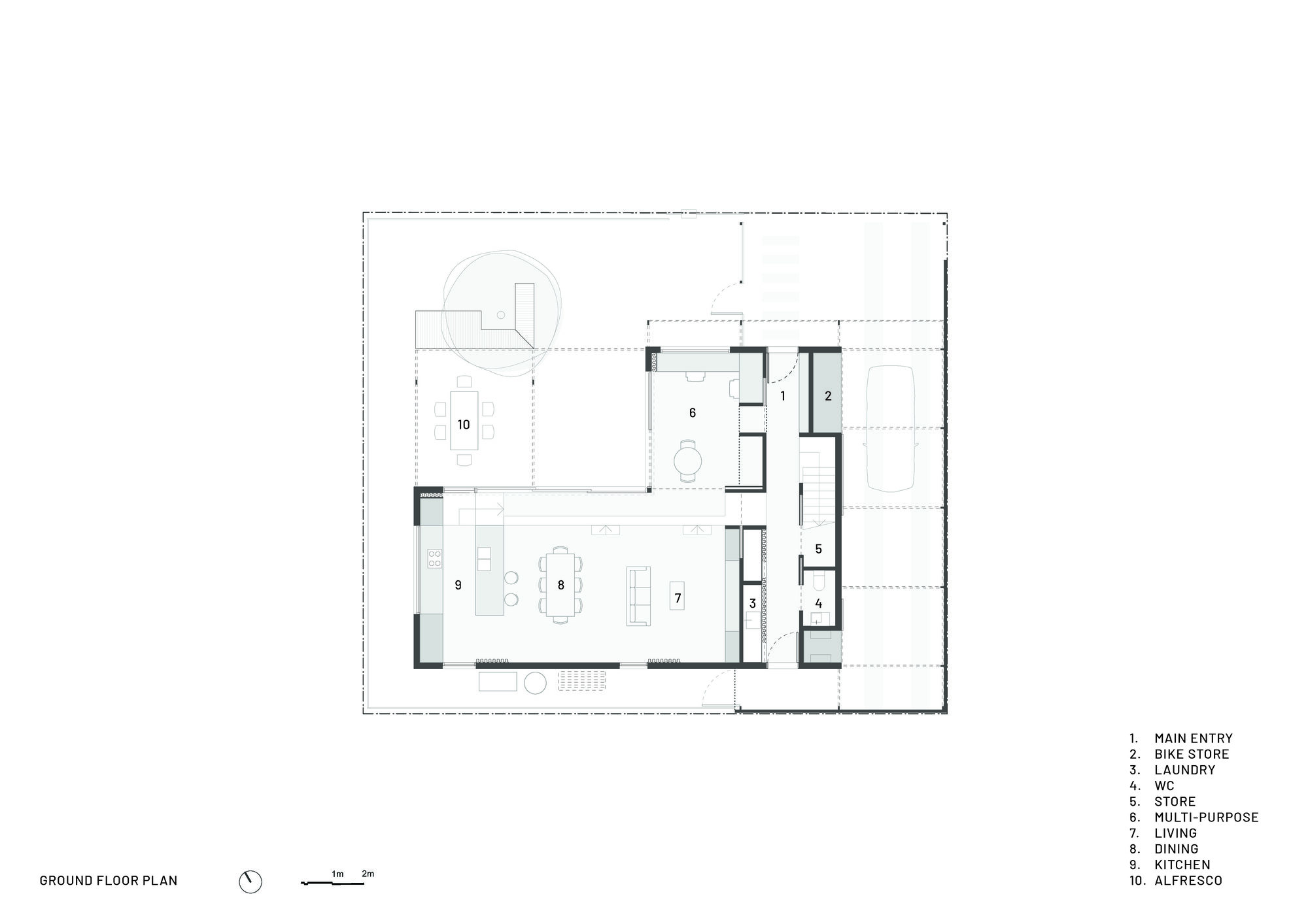 Ground floor plan drawing showing kitchen, living areas, bedrooms and alfresco space