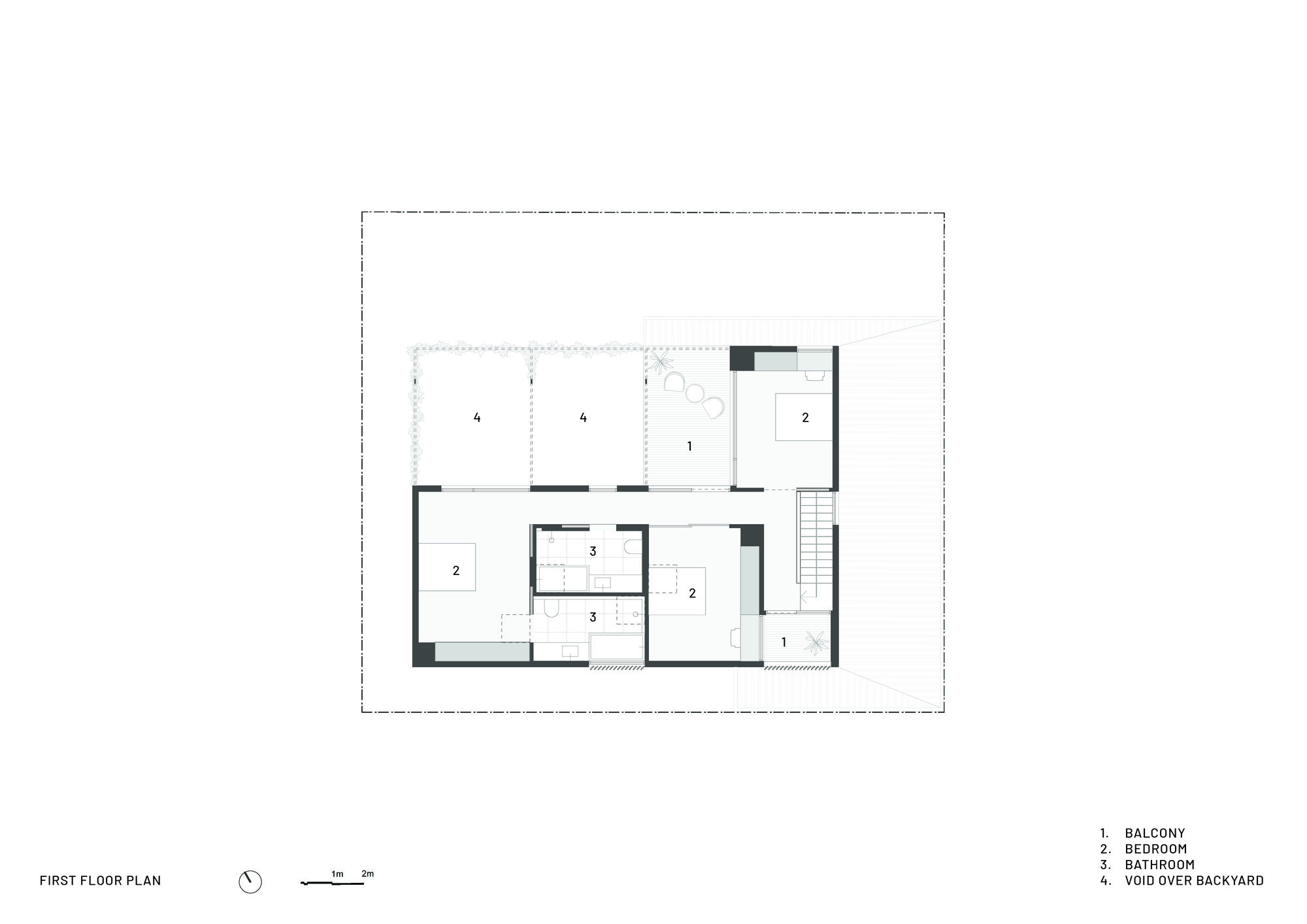 First floor plan drawing showing bedrooms, bathroom, balcony and void over backyard