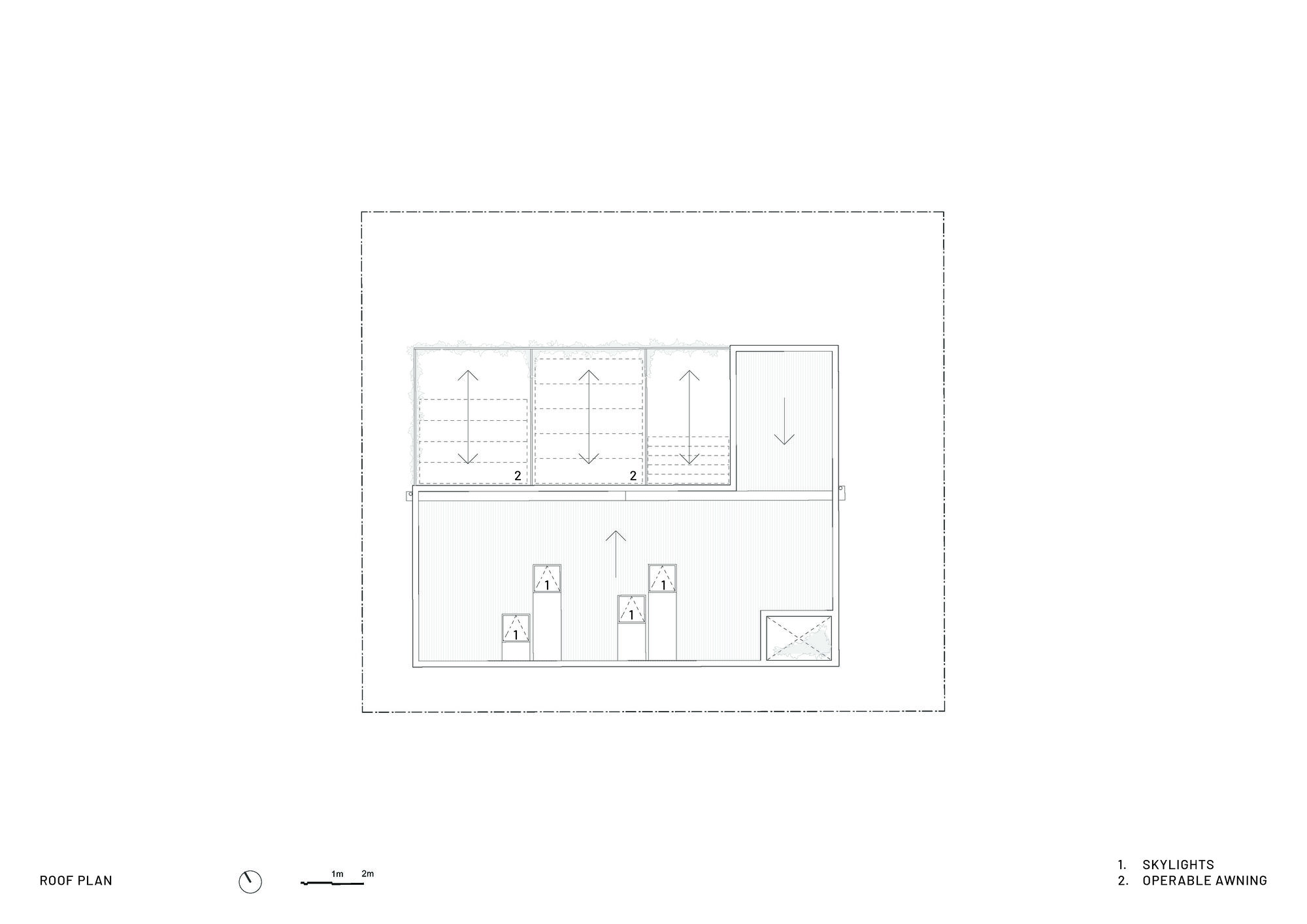 Roof plan drawing showing skylights and operable awning openings across two levels