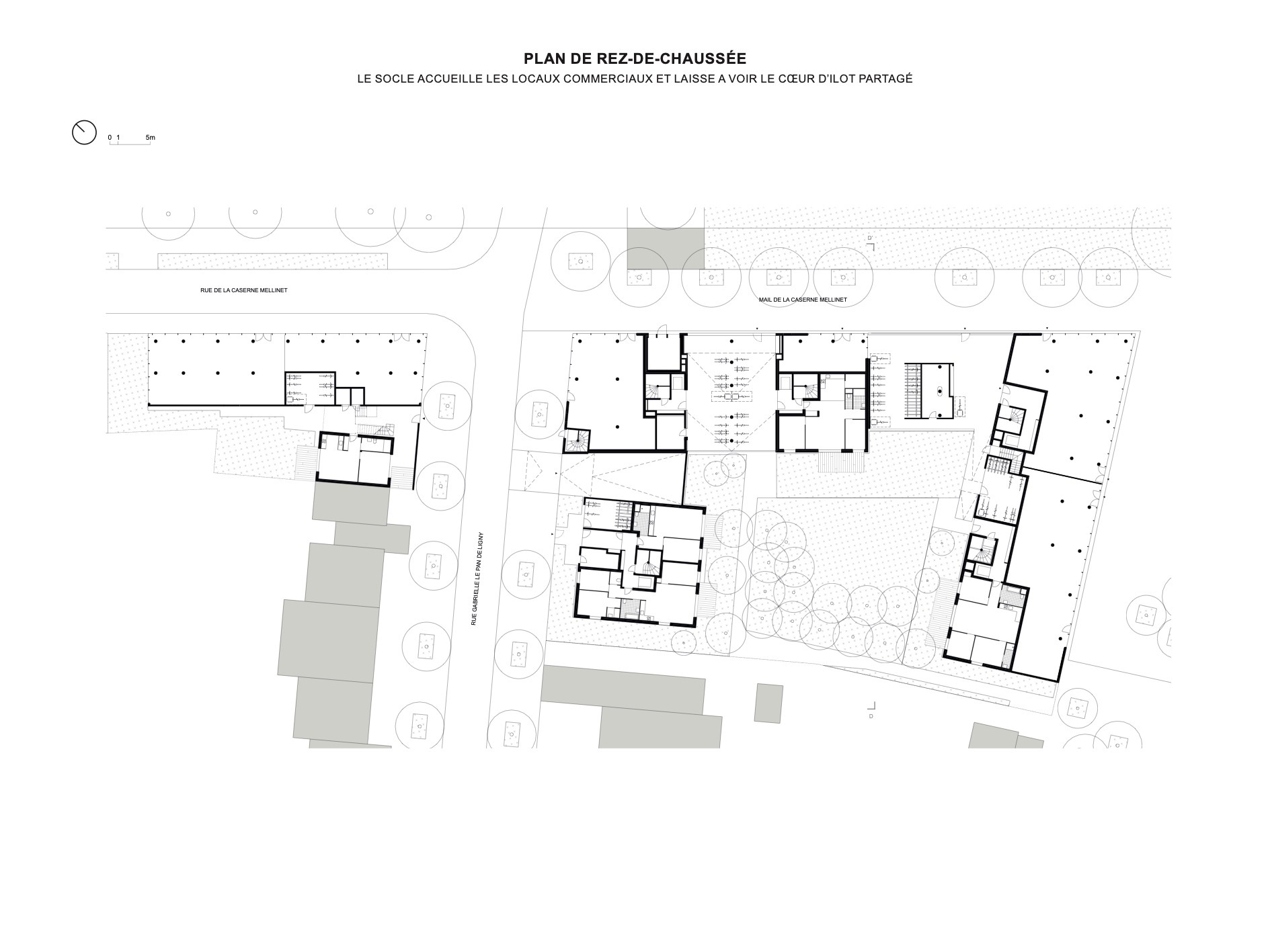 Ground floor plan drawing showing multiple residential buildings arranged around landscaped courtyards with circular tree plantings