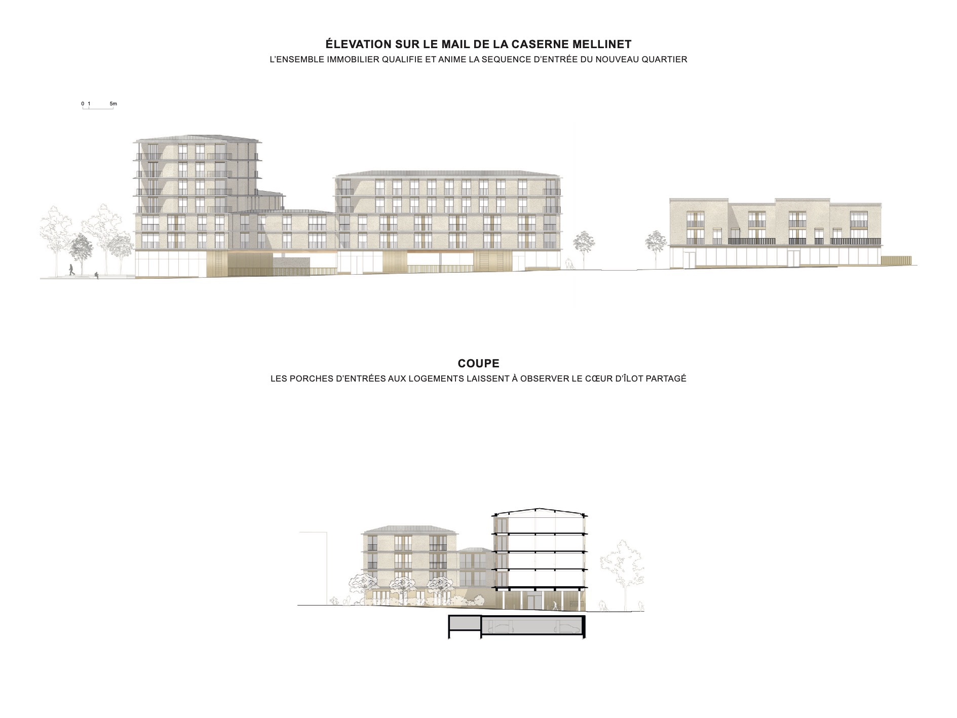 Elevation and section drawings showing multi-story residential buildings with recessed balconies and timber base elements flanking trees