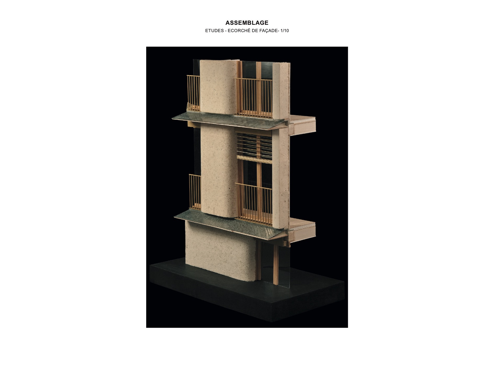 Physical model of facade assembly with cylindrical column, projecting balconies and vertical timber slats