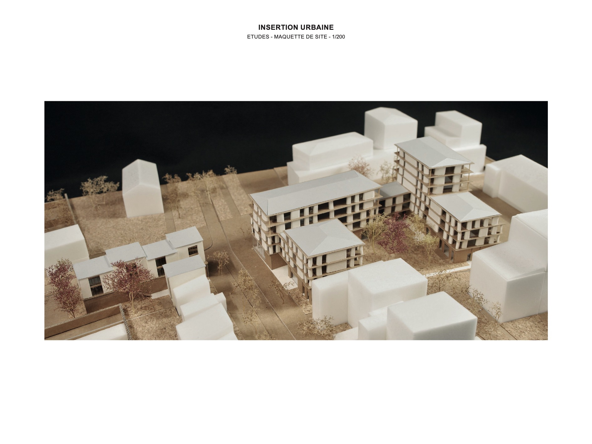 Site model aerial view showing curved and linear building volumes with trees and neighboring white blocks