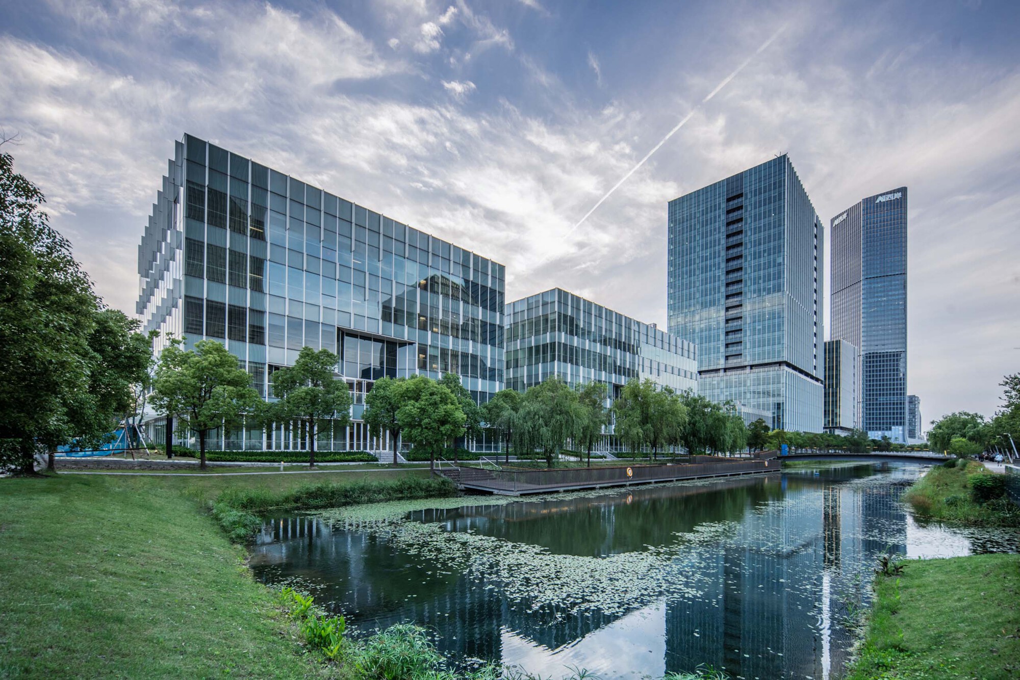 Glass office towers reflected in a landscaped pond with lily pads at dusk