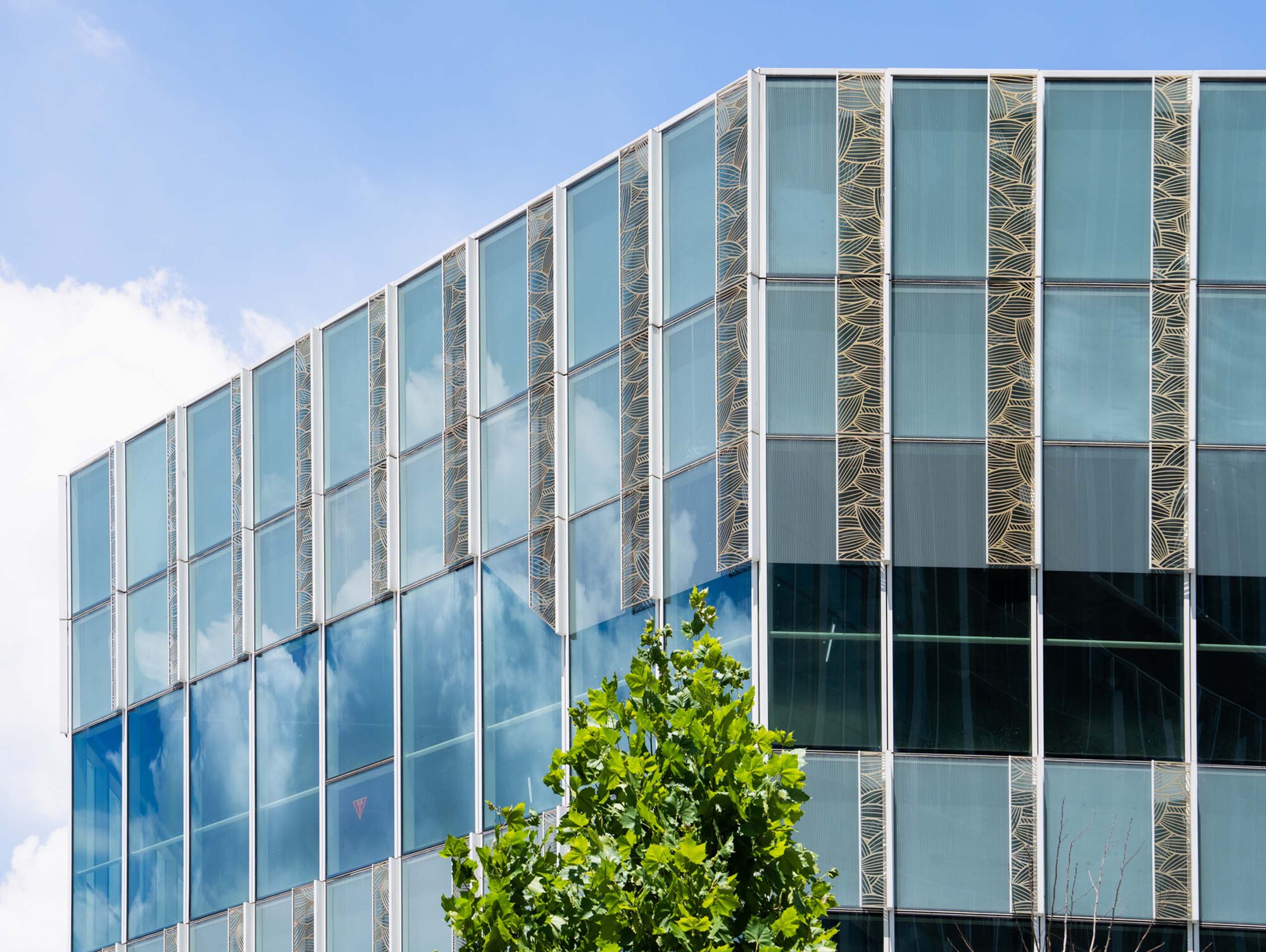 Glass and metal panel facade with vertical patterned screens between glazed bays under partly cloudy sky