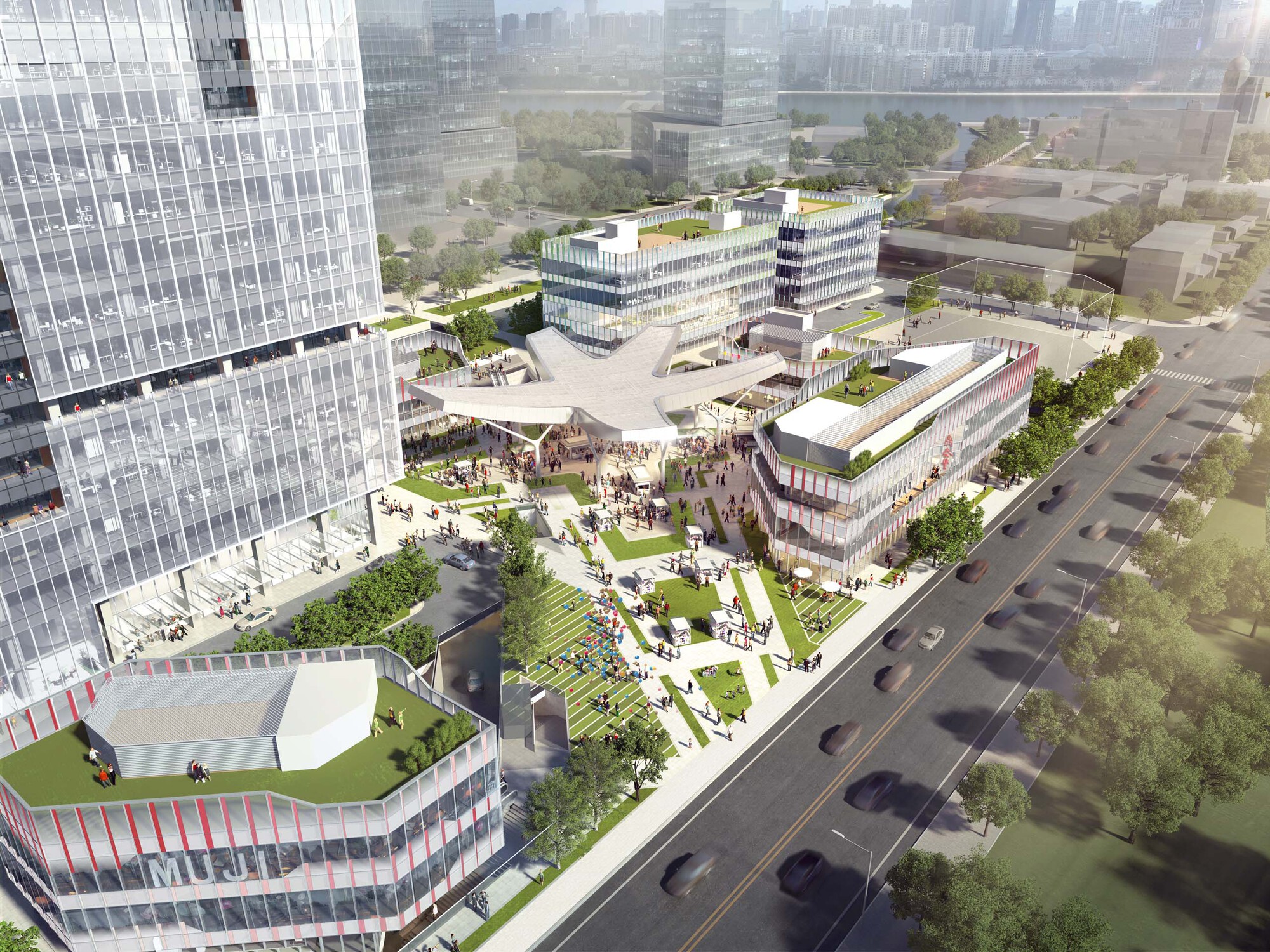 Aerial rendering showing rooftop terraces with landscaped gardens and pedestrian paths between low-rise and tower buildings