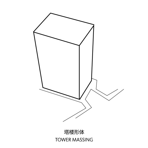 Axonometric drawing illustrating a tower volume rising from an angular ground plane