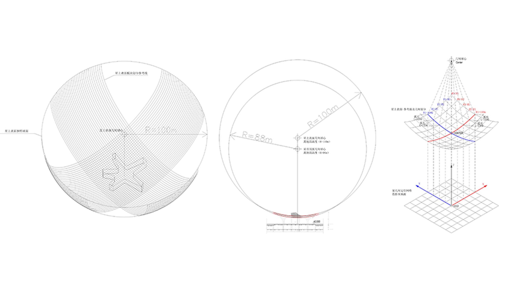 Technical drawing set showing circular plan grid, section radius and structural geometry diagram