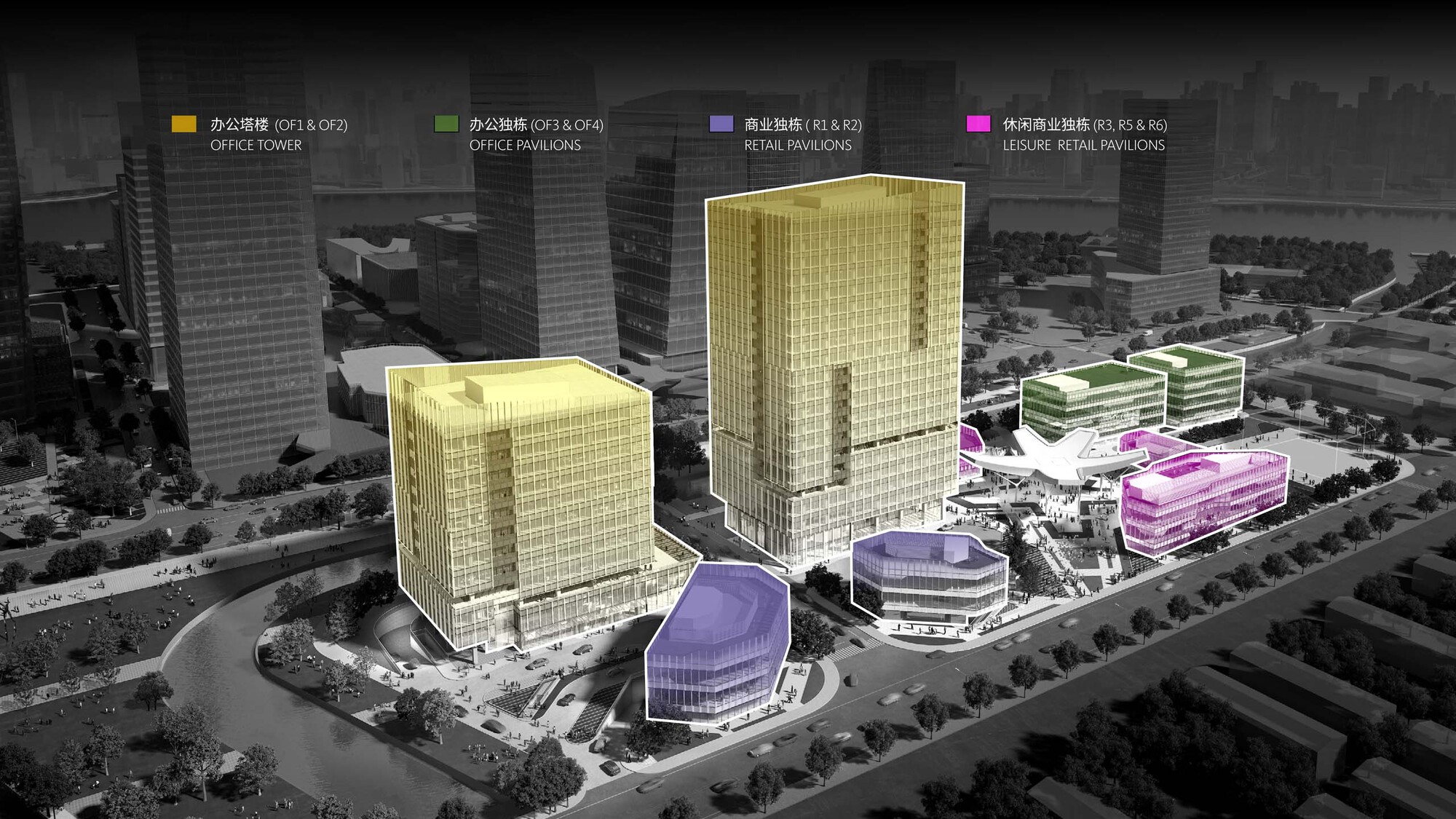 Aerial rendering of a mixed-use development with color-coded volumes including towers and retail pavilions