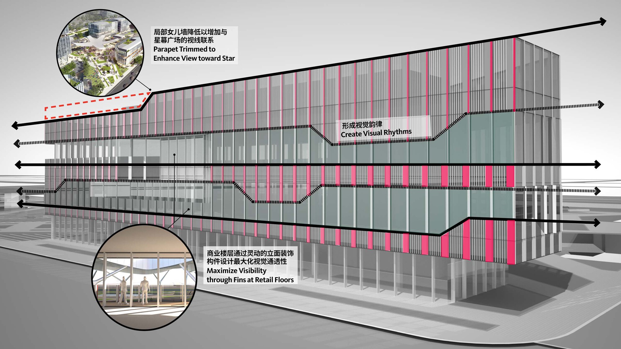 Elevation drawing with detail callouts showing vertical louvers and floor-to-ceiling transparency