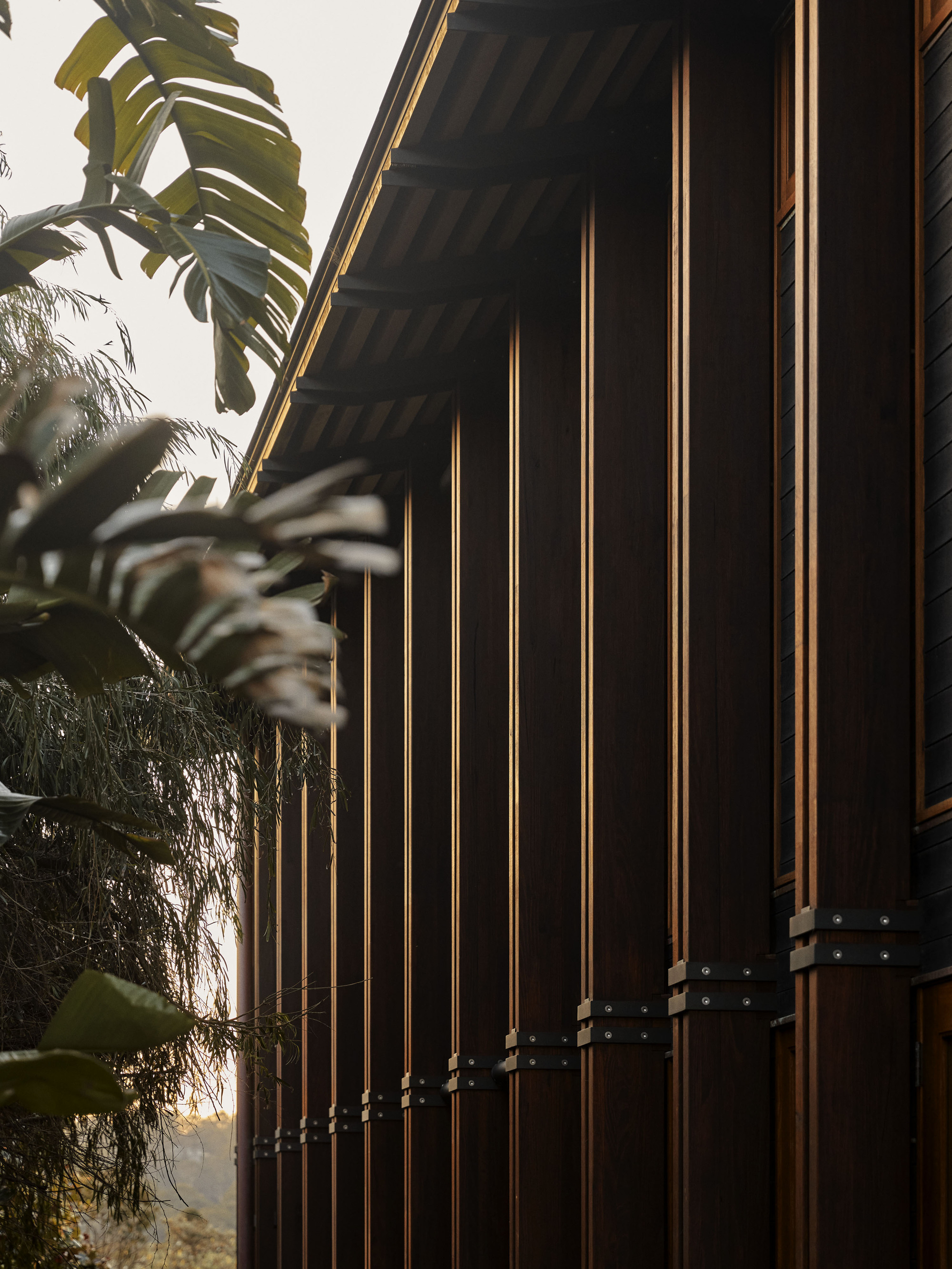 Vertical timber battens on dark facade with metal connectors beneath deep eaves and tropical foliage