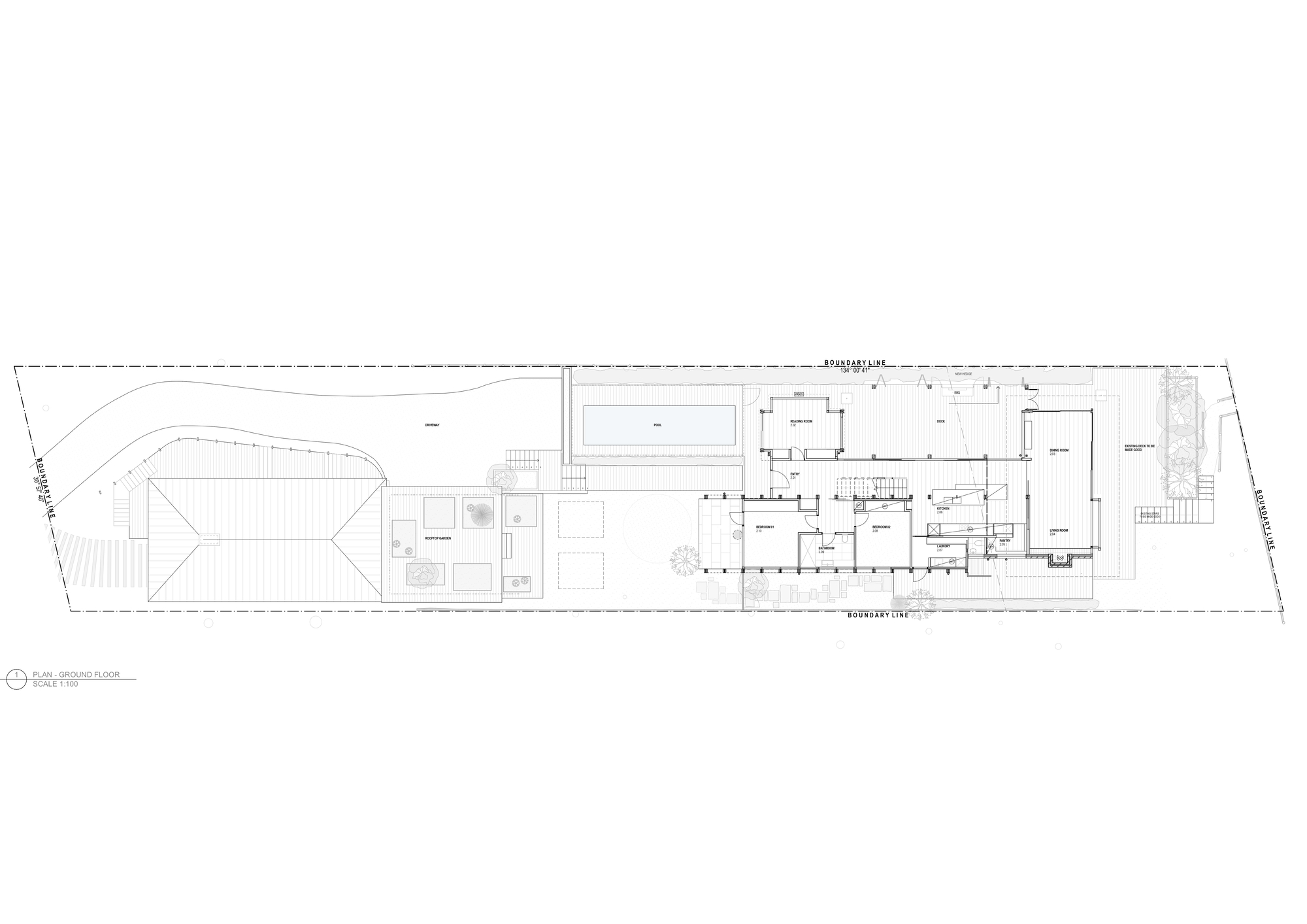Ground floor plan drawing showing the residence with pool and curved-roof volume on a narrow site