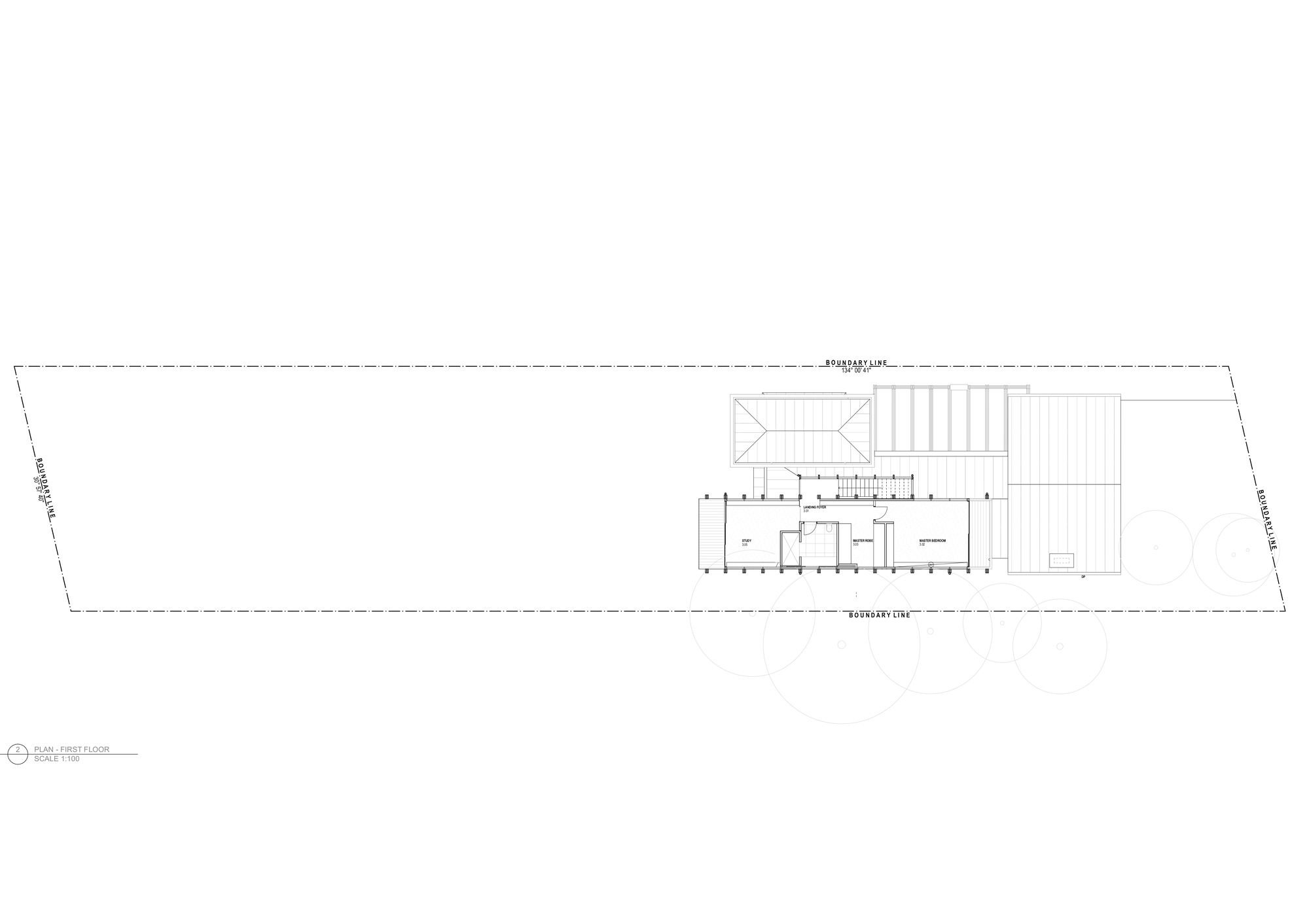 First floor plan drawing showing the upper level with deck and covered areas