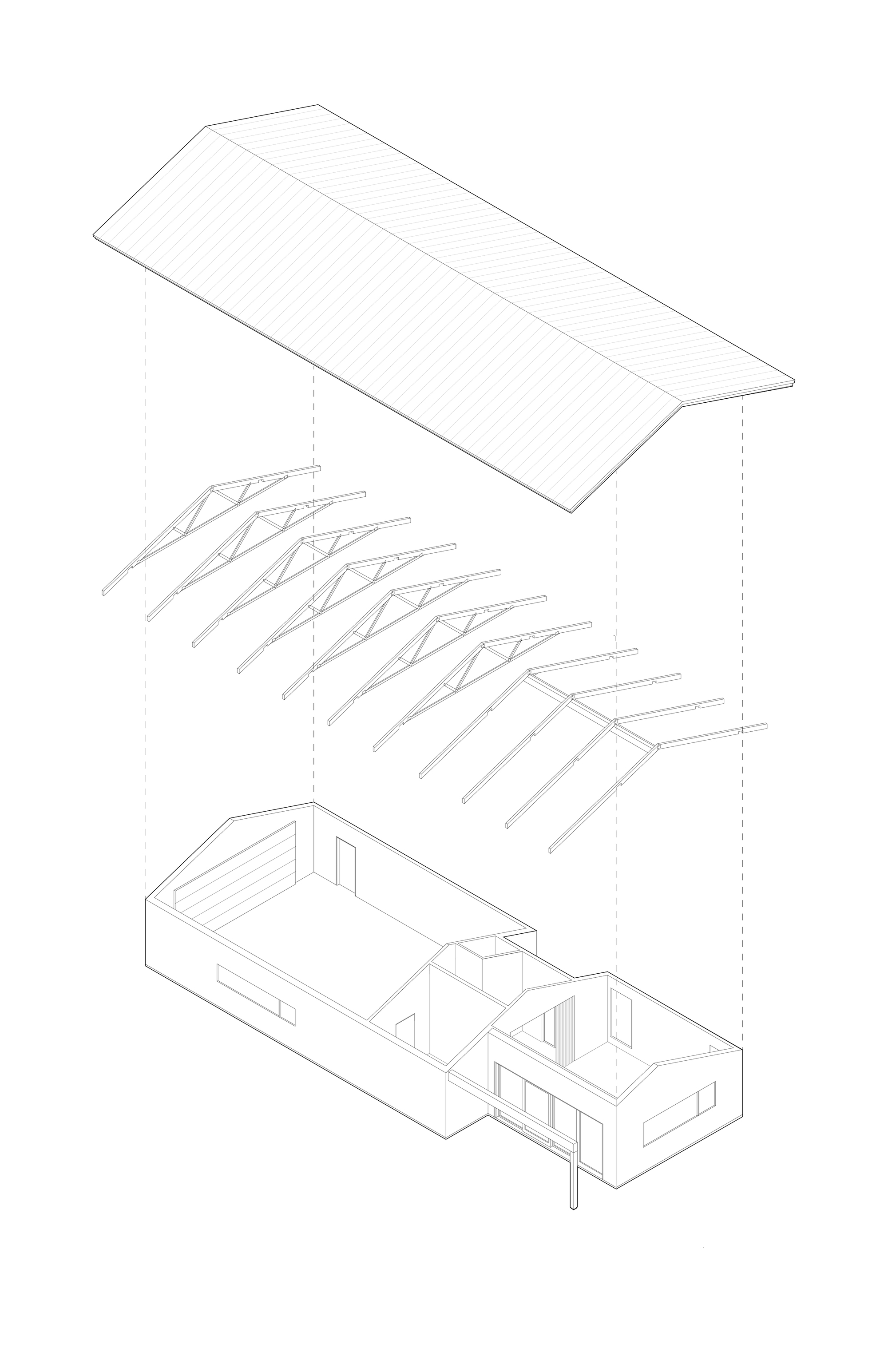 Exploded axonometric drawing showing metal roof, timber truss structure, and interior living volume below