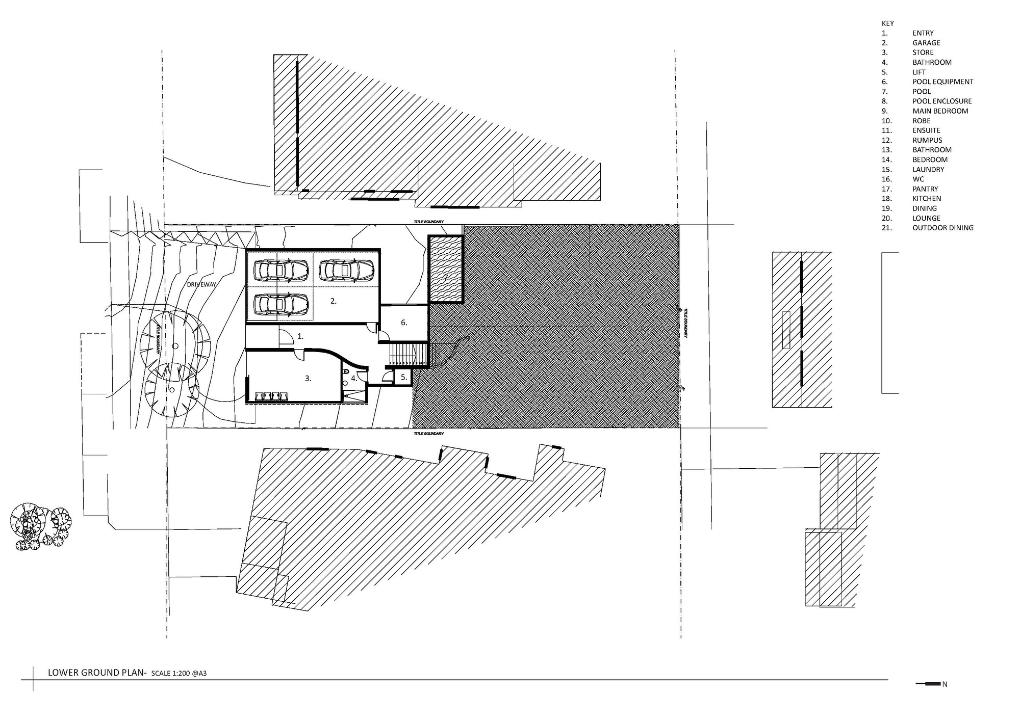 Lower ground plan drawing showing parking, pool area, and surrounding landscape with contour lines