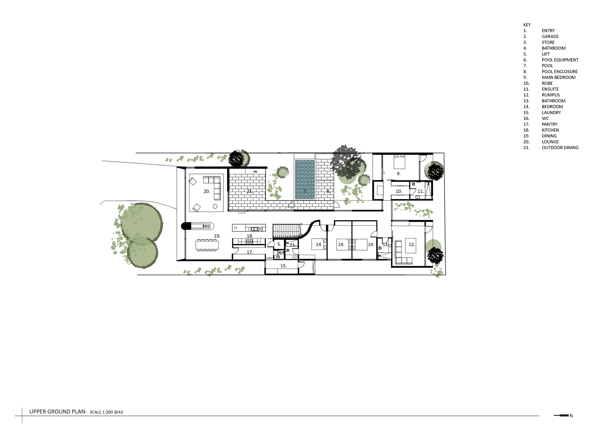Upper ground plan drawing with interior rooms, courtyards, pool, and trees rendered in green watercolor