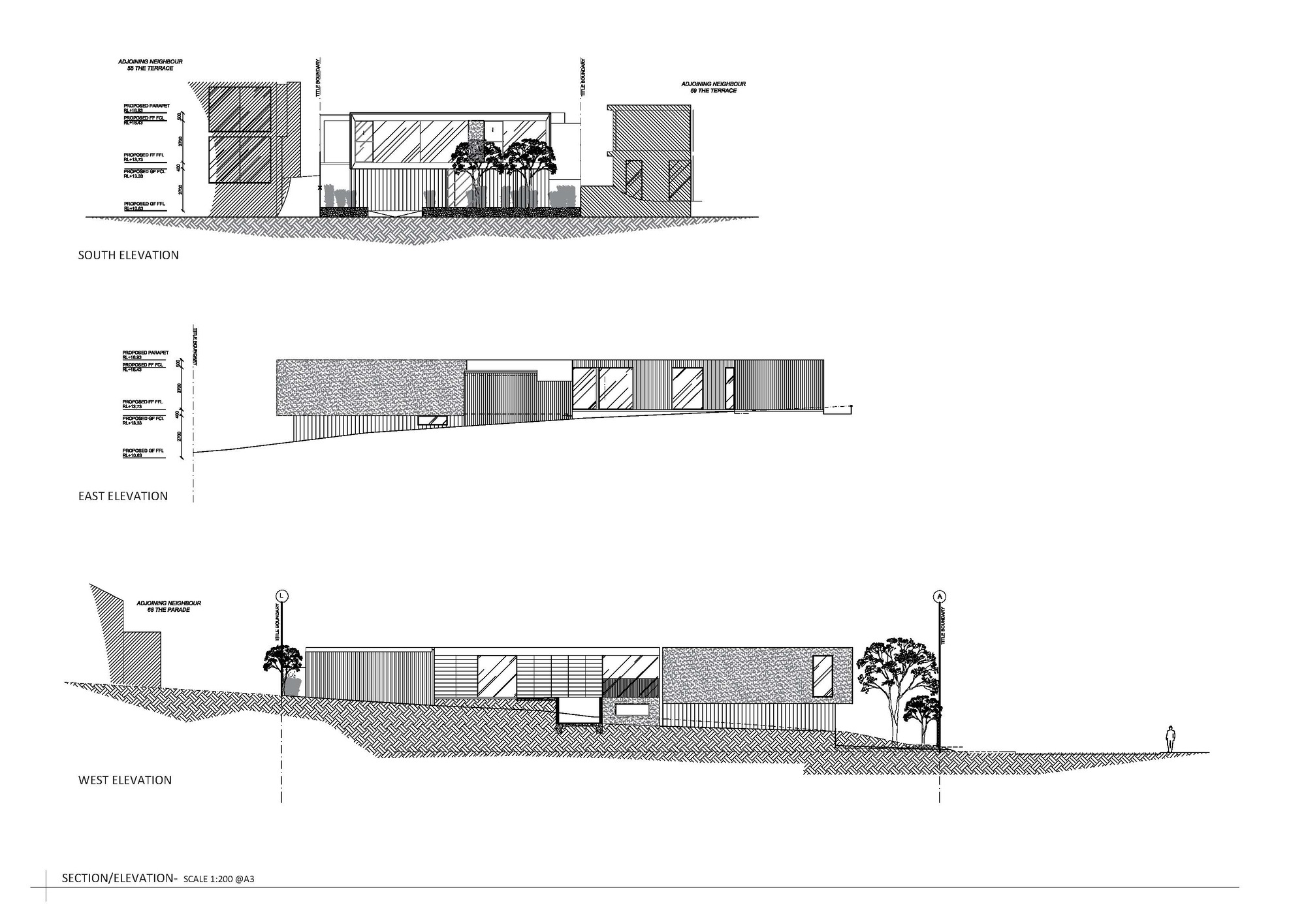 South, east, and west elevation drawings showing sloped site, varied facade materials, and adjacent trees