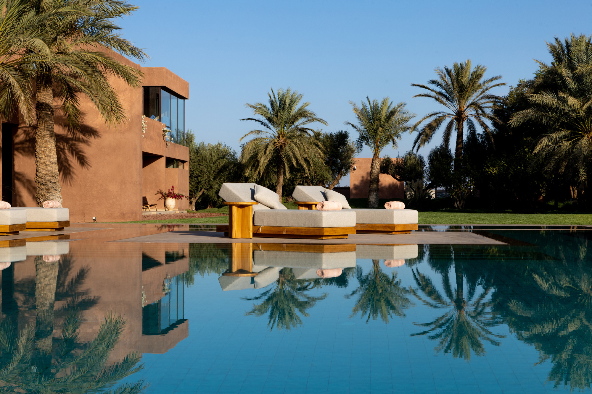 Pool reflecting palm trees and the terracotta volumes with white loungers on the timber deck