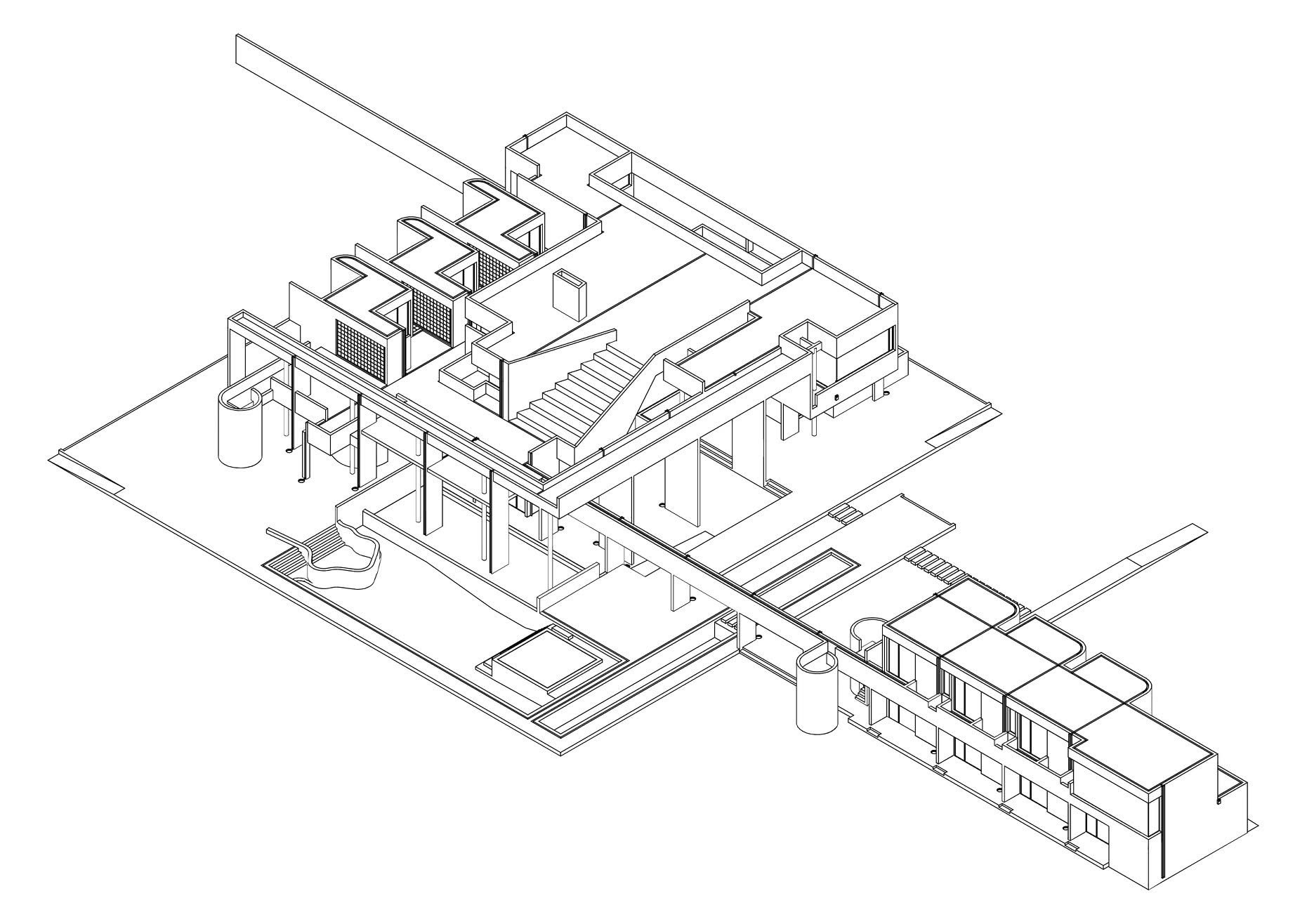 Axonometric drawing showing the multi-level volumes with courtyards and circulation spine