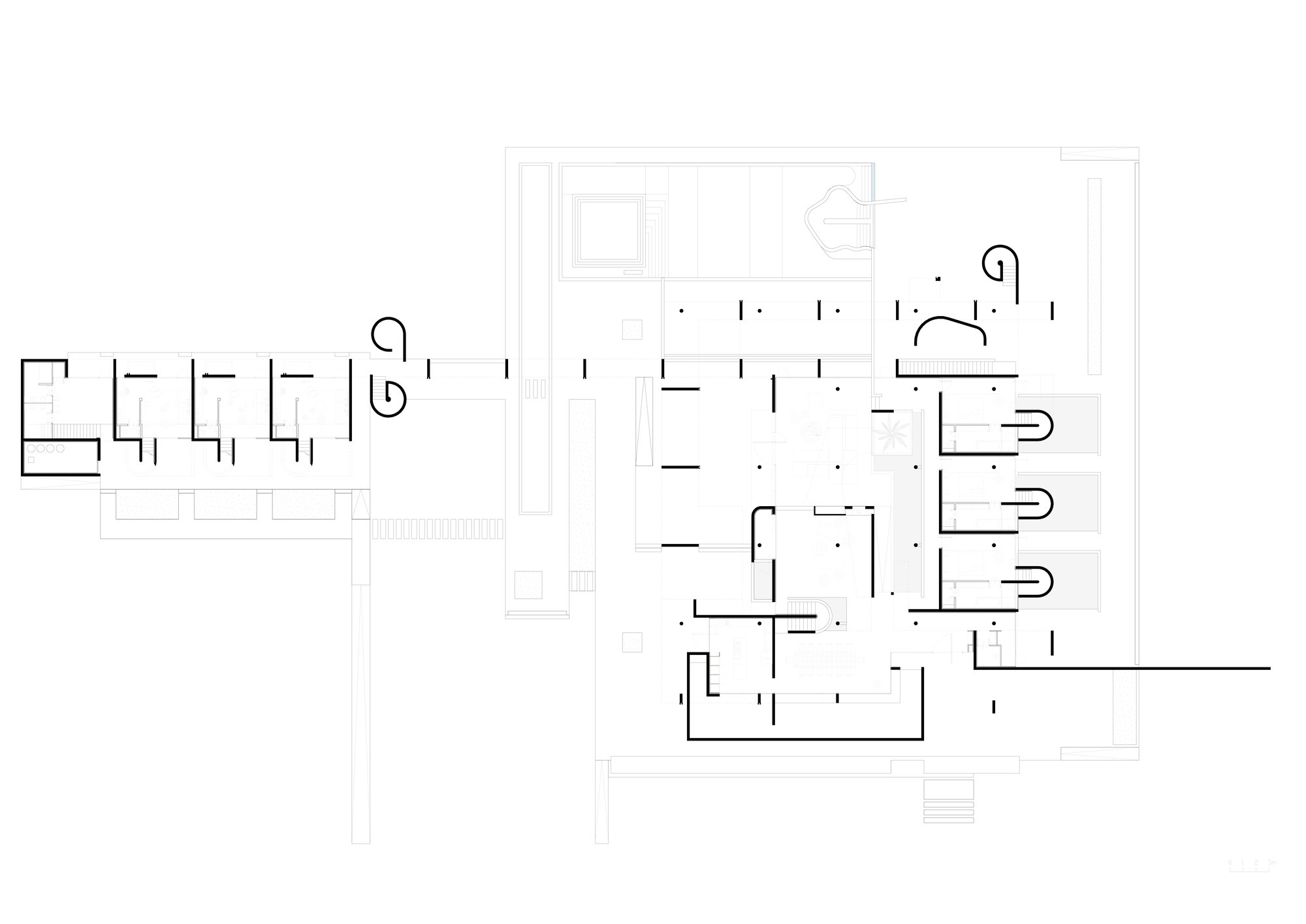 Floor plan drawing showing a wing with repeating units and central open space