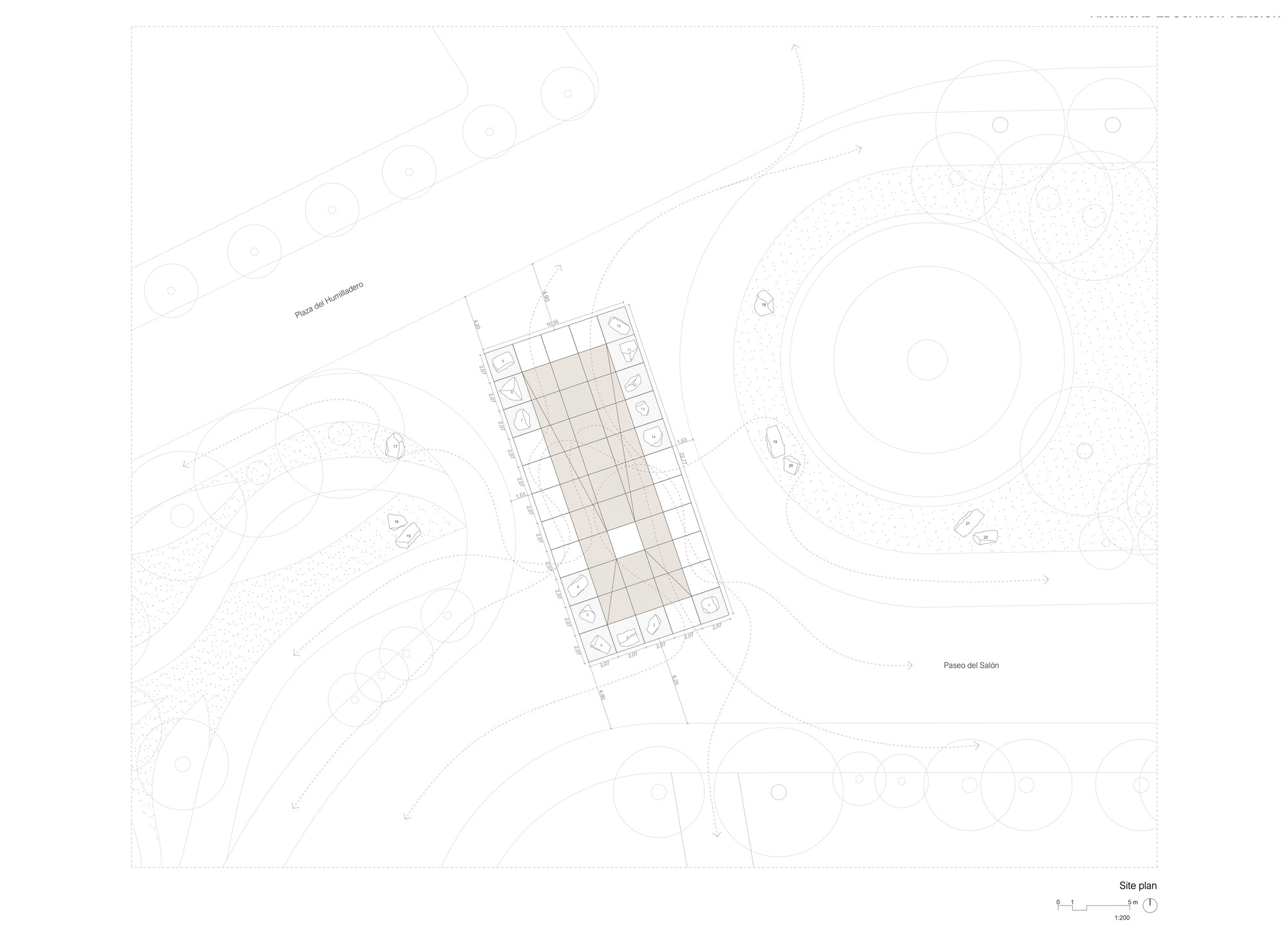 Site plan drawing showing a rectangular pavilion structure positioned between curved landscape features and circular paths