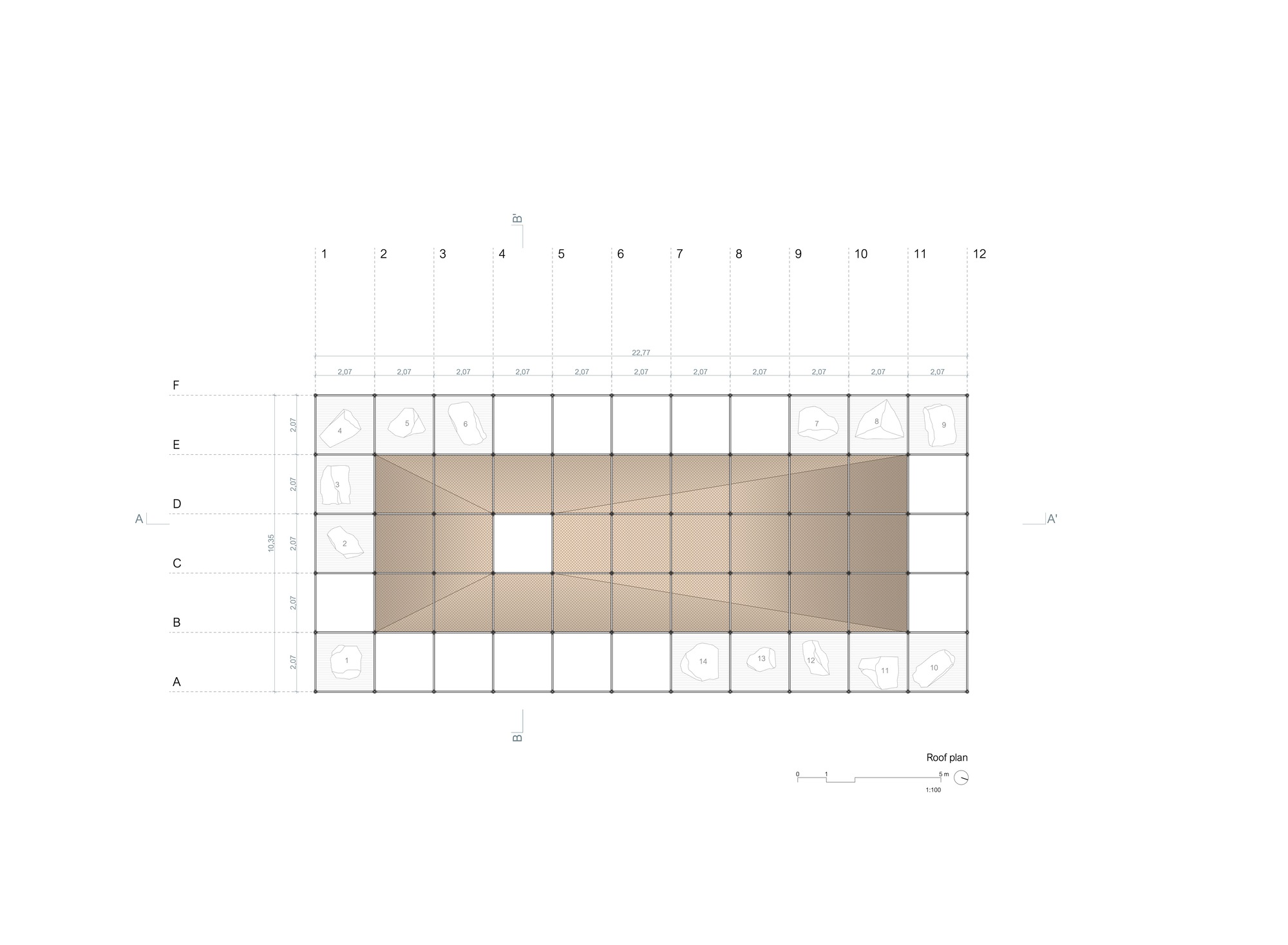 Roof plan drawing displaying a sloped triangular surface within the rectangular gridded structural frame