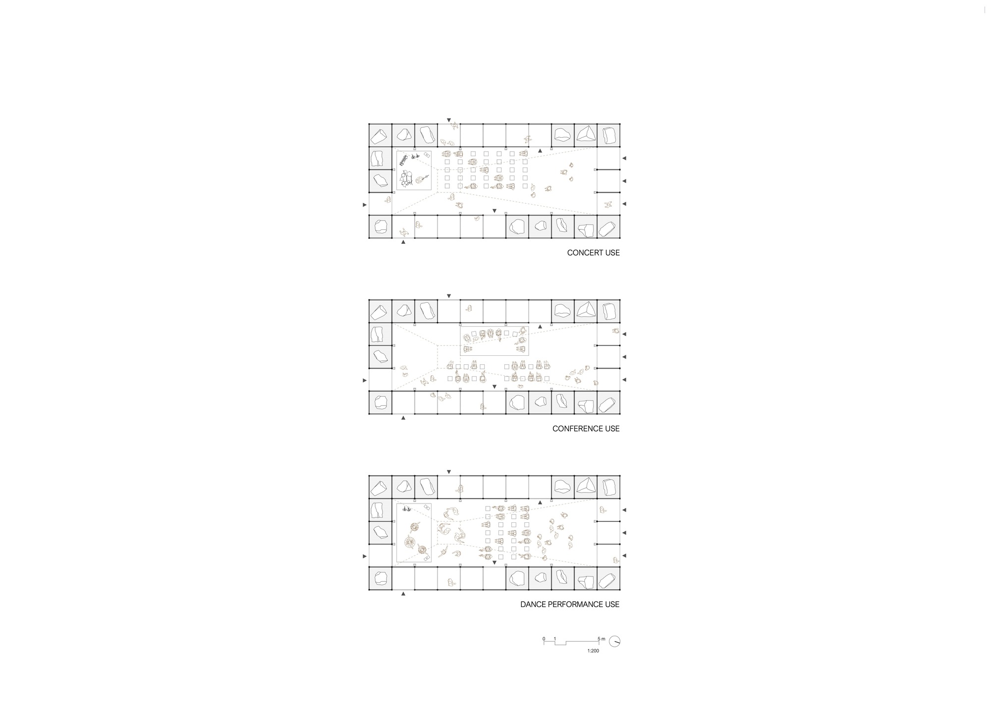 Floor plan drawings illustrating three programmatic configurations with furniture layouts for concert, conference and dance performance uses