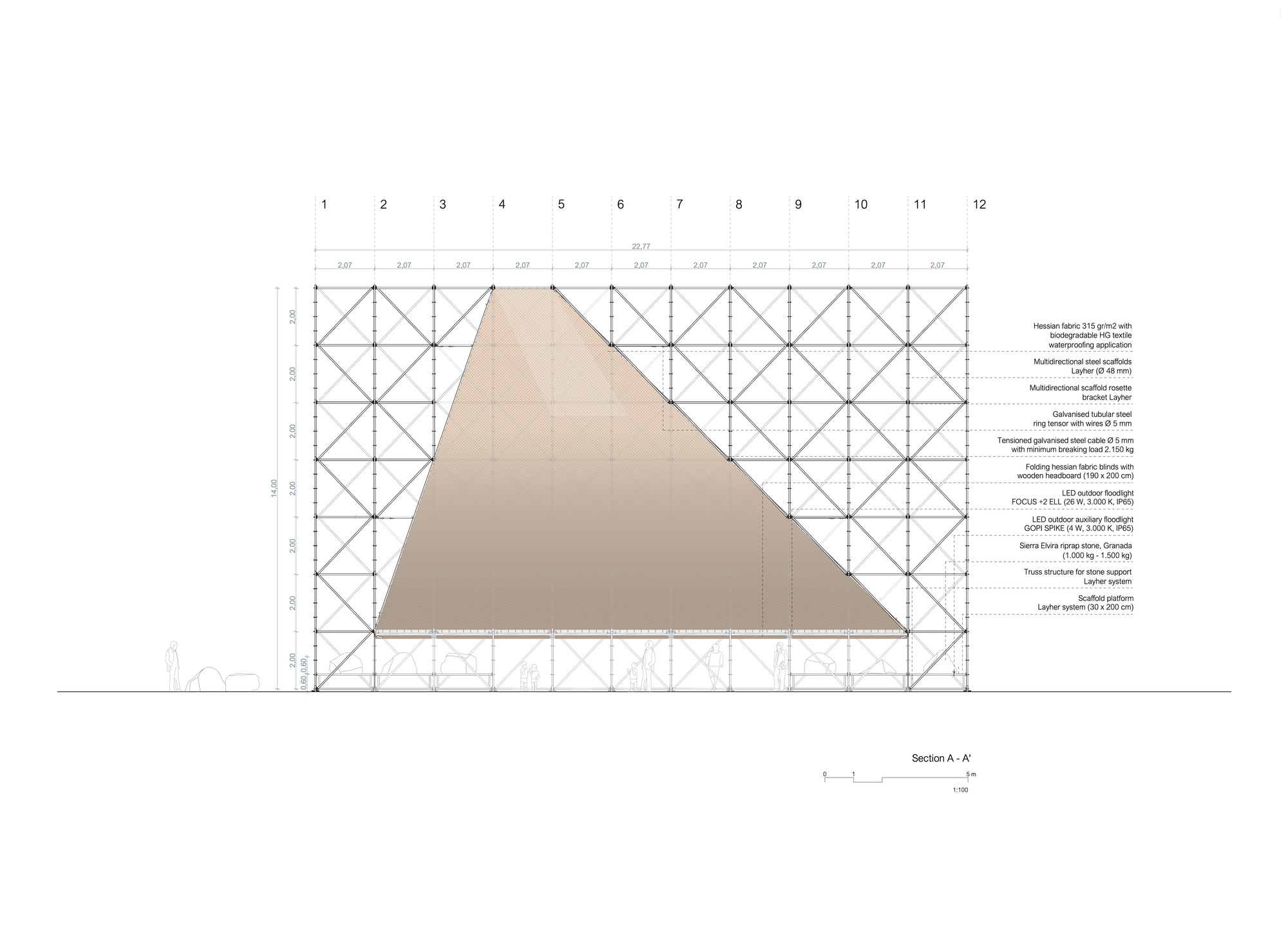 Section drawing revealing the triangular profile of the sloped surface within the open structural grid frame