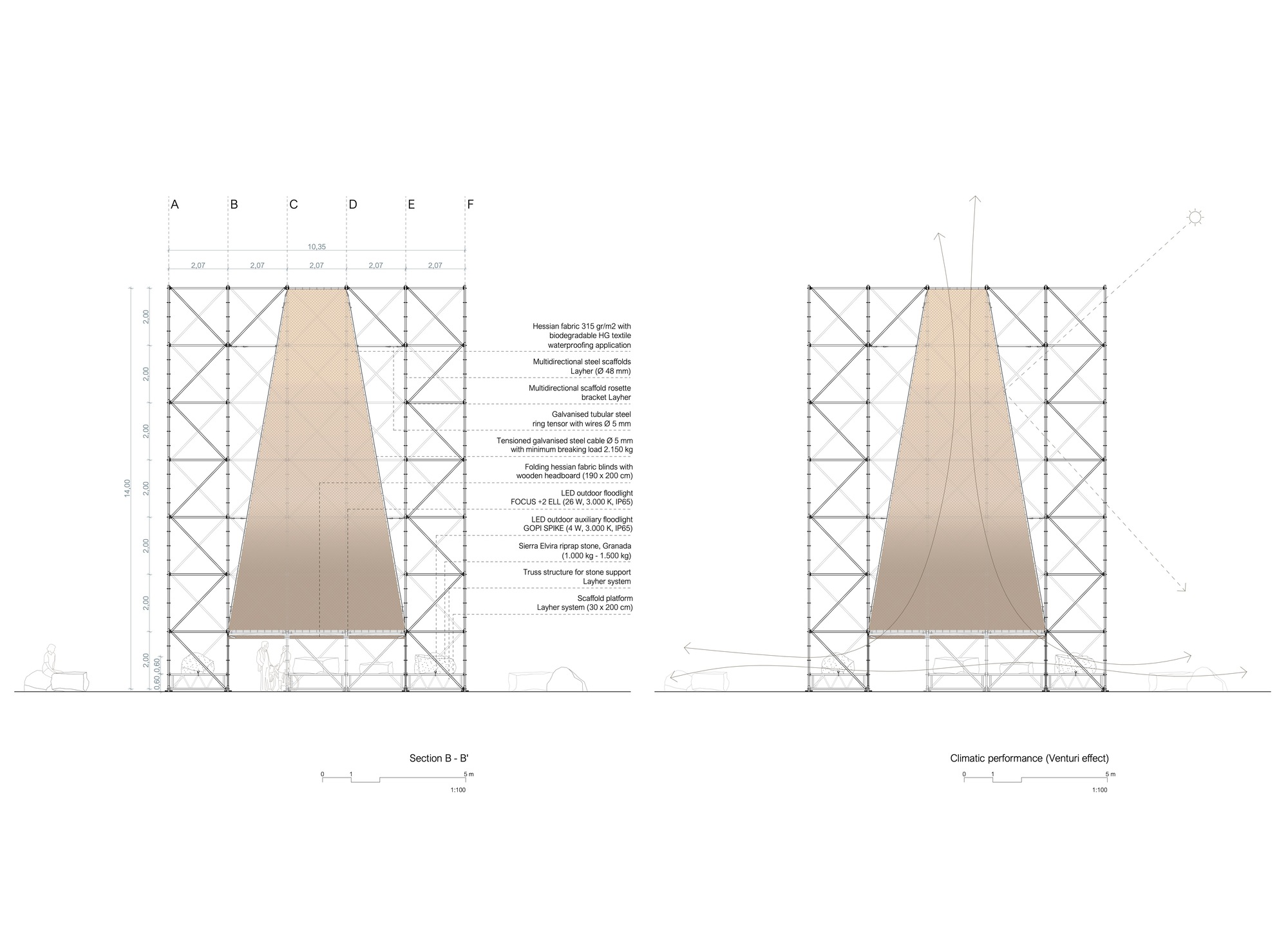Section drawing showing a tapered volume within a scaffolded structure with material specifications