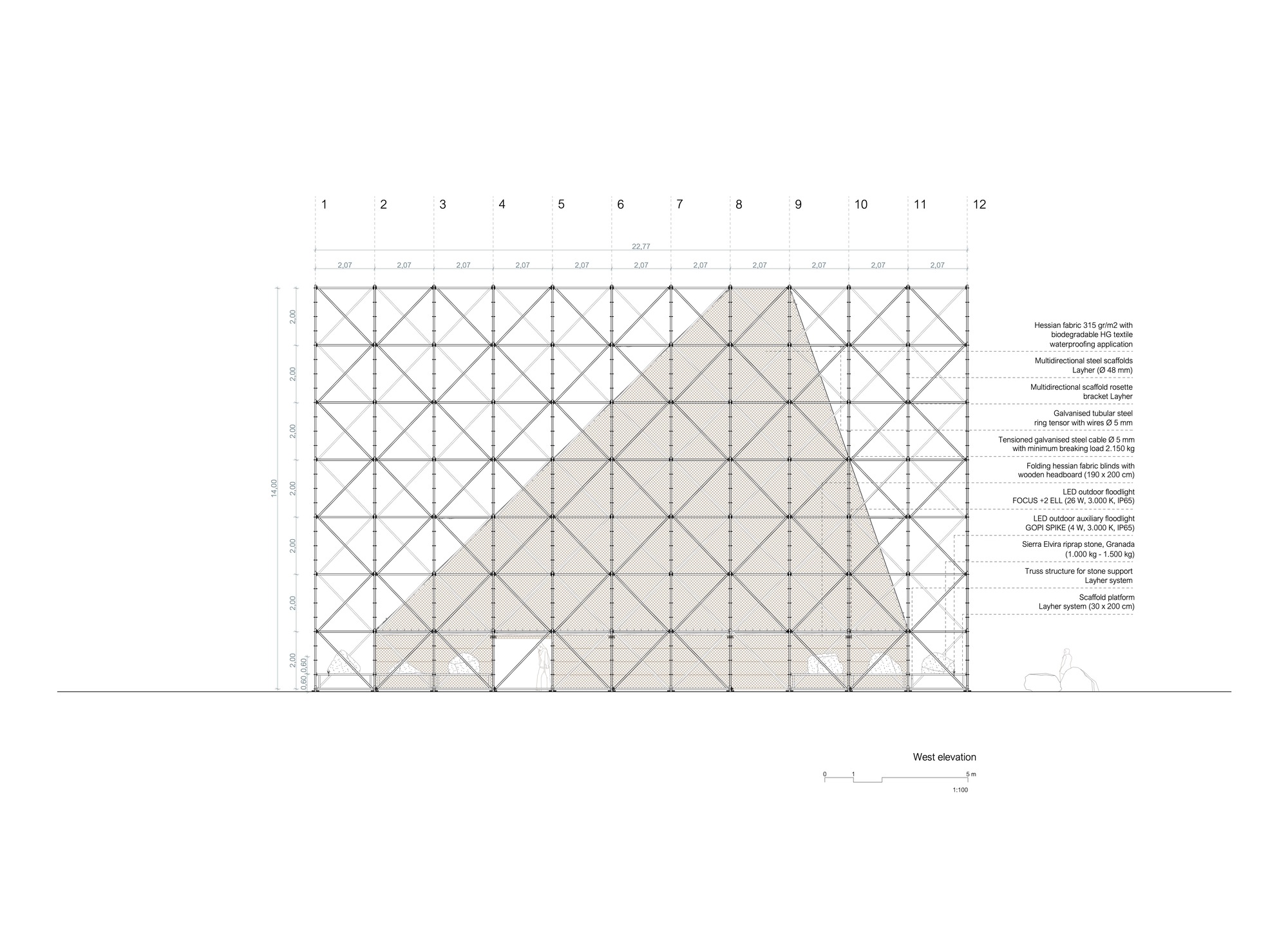 West elevation drawing showing a repetitive grid of diagonal bracing across twelve bays