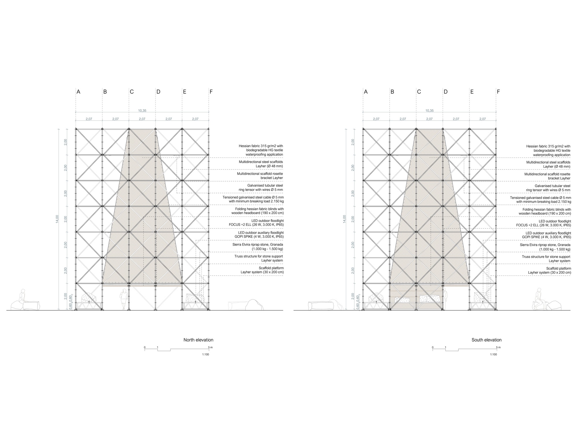 North and south elevation drawings showing matching gridded facades with diagonal bracing patterns