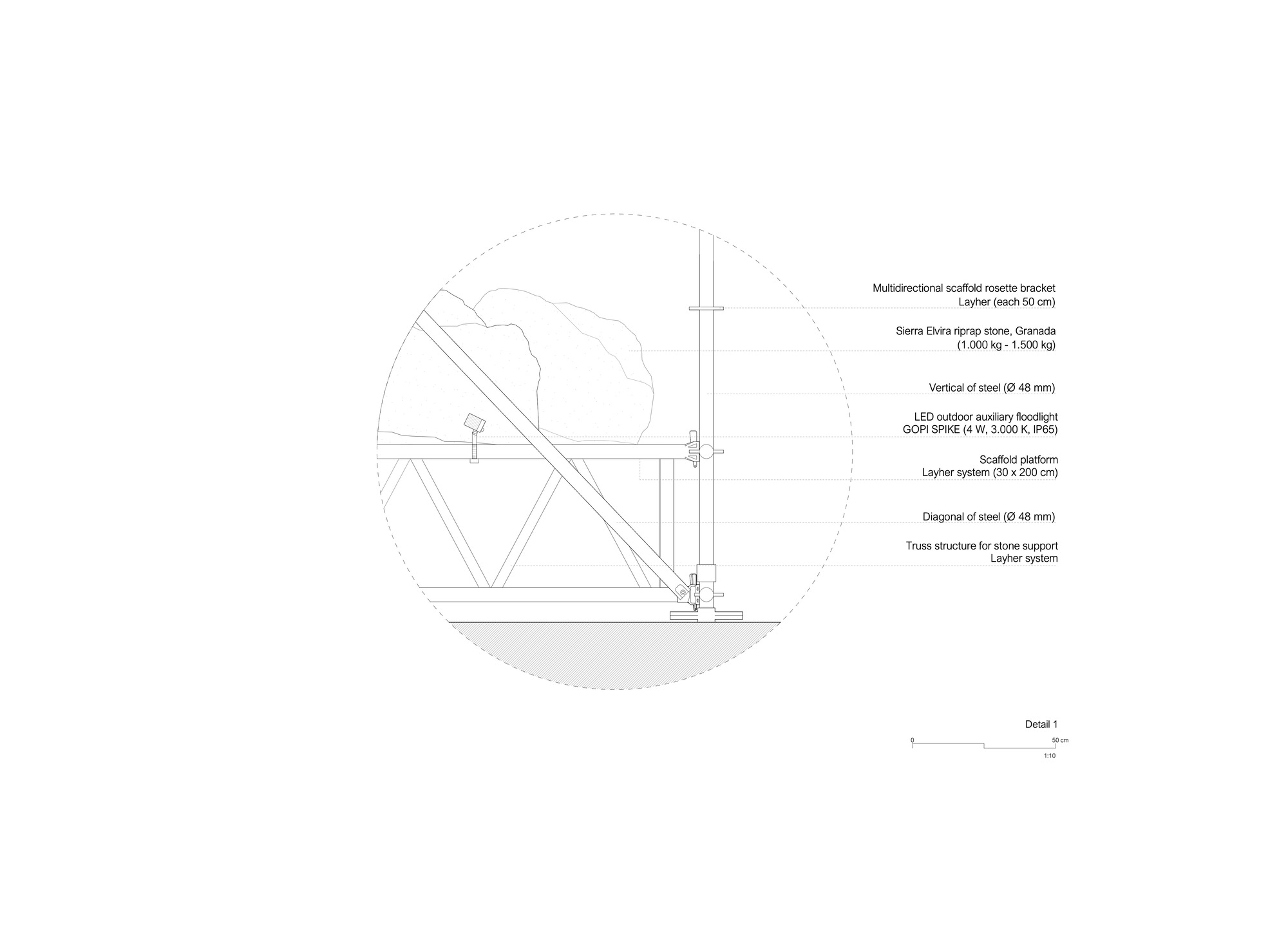Detail drawing showing the connection of diagonal bracing to a platform with LED outdoor fixtures