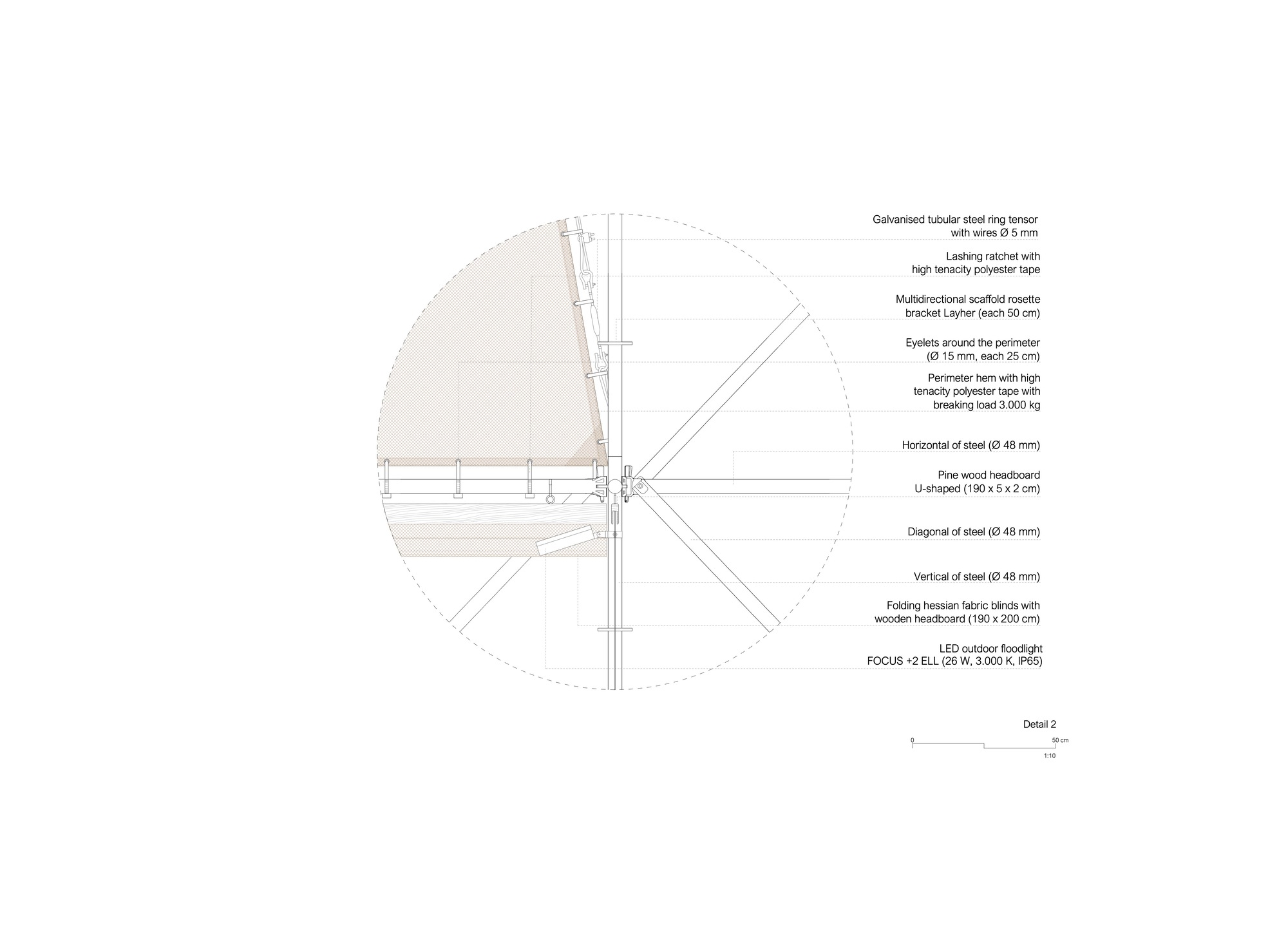 Circular detail drawing showing perimeter steel members radiating from a central joint with annotated construction layers