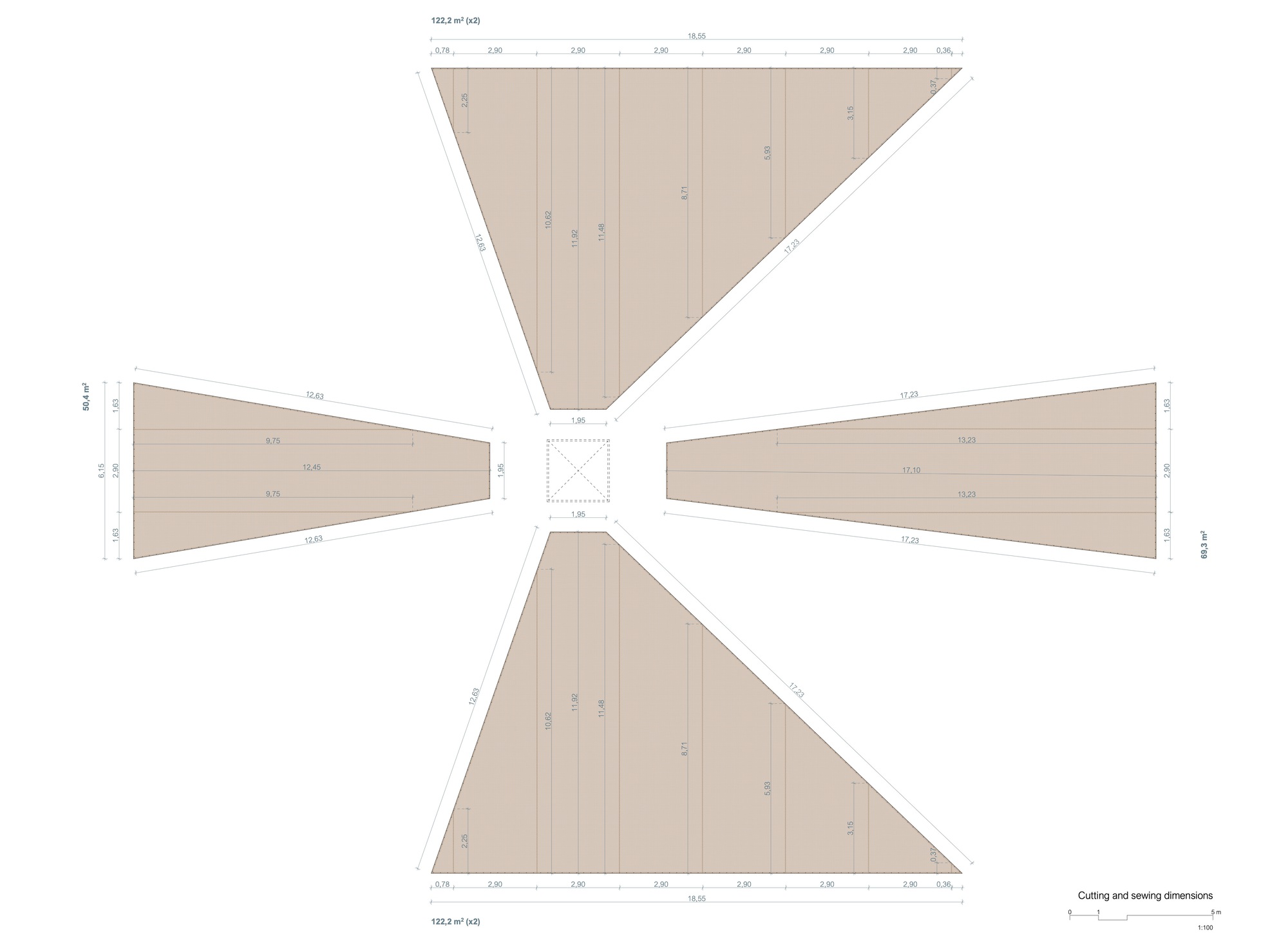 Ceiling plan drawing showing four triangular panels radiating from a square central opening with dimension annotations