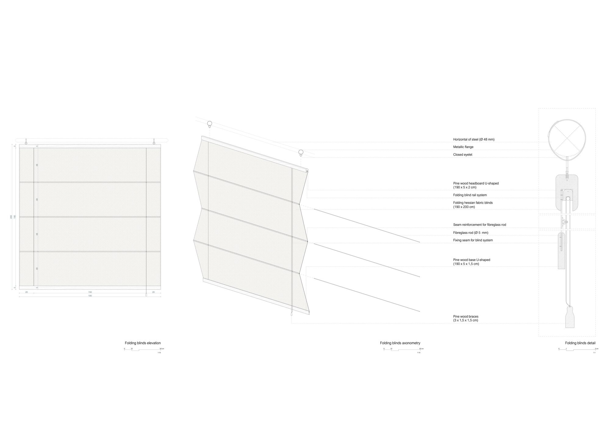 Technical drawings showing elevation, axonometric, and detail of a folding façade panel system
