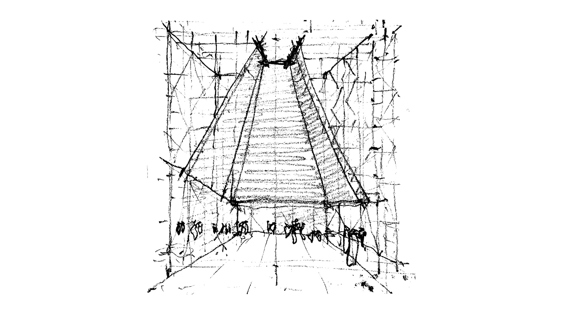 Perspective sketch of an interior corridor with sloped walls and figures gathered at the end