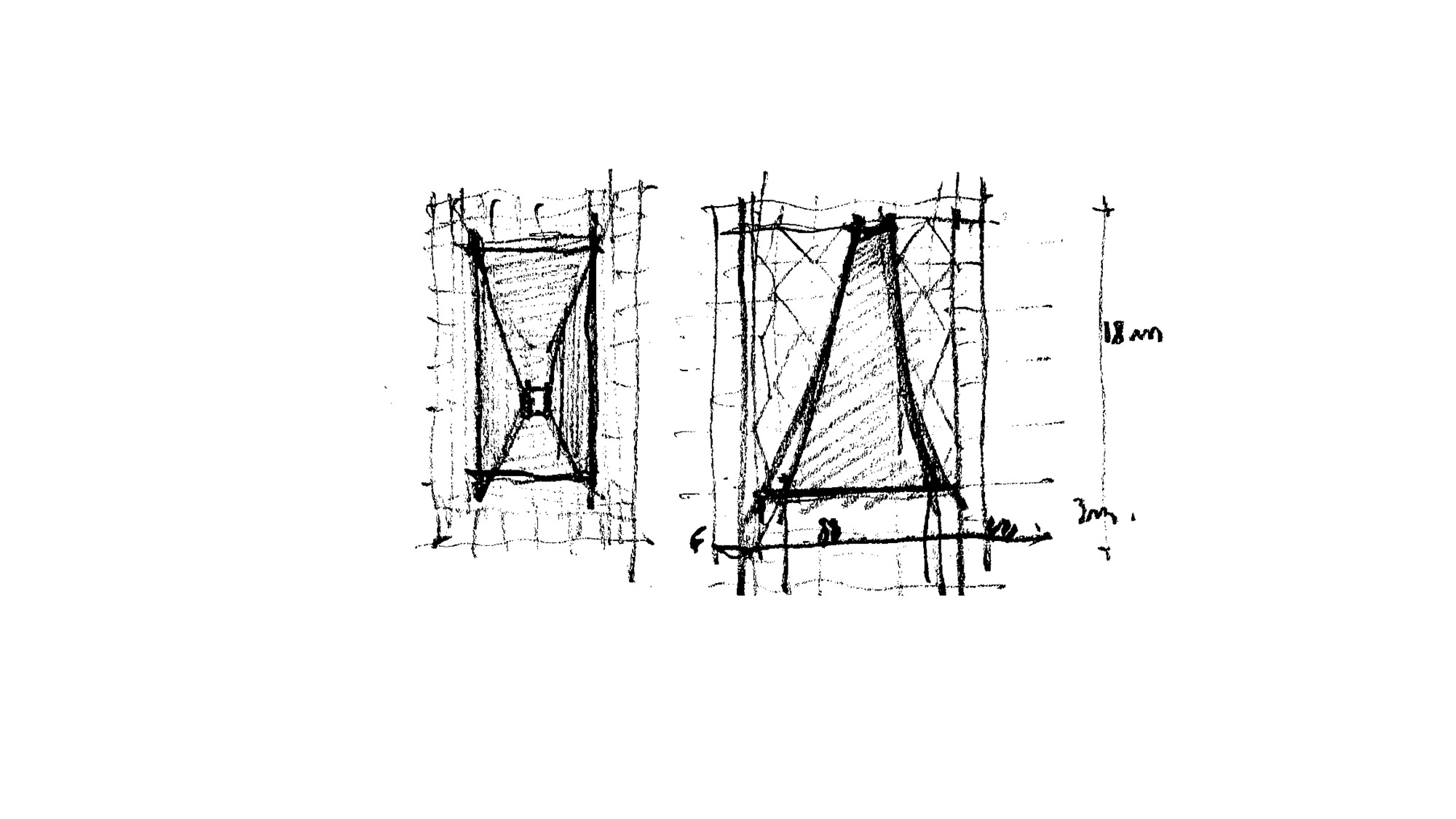 Plan and elevation sketches showing rectangular volumes with diagonal bracing and human scale references