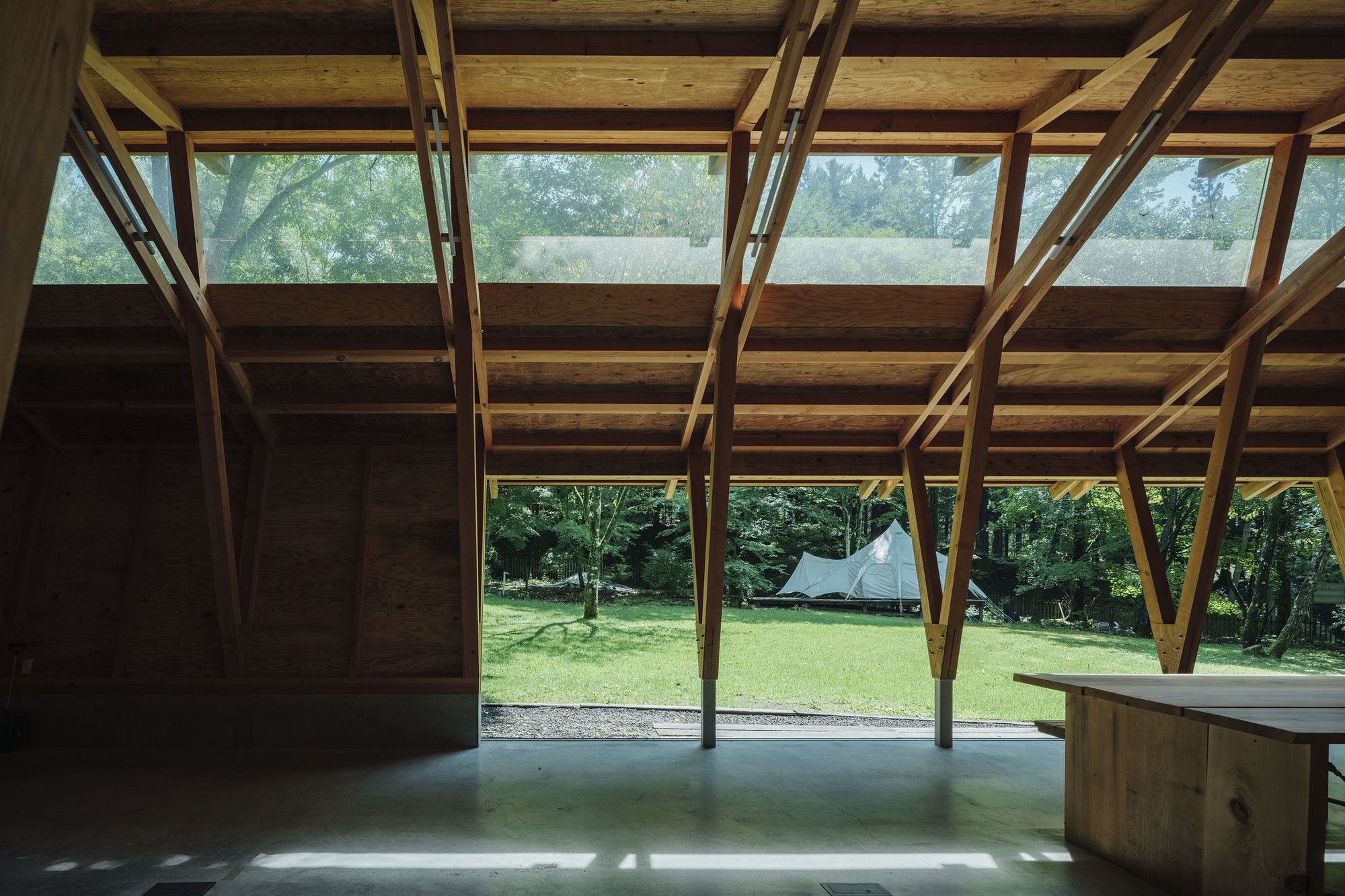 Open interior framing onto a grassed clearing with diagonal timber braces and a ribbon of high windows